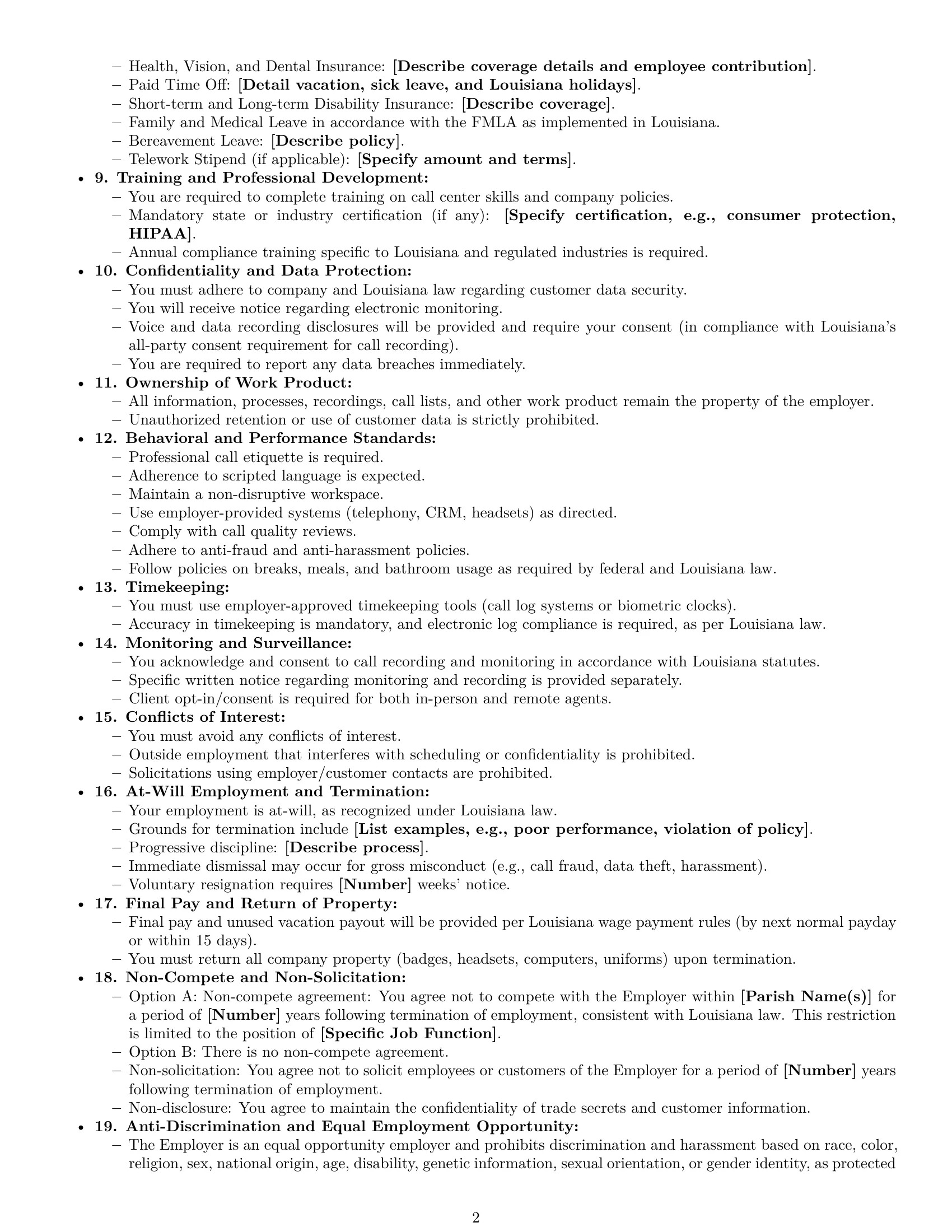 Preview page 2 of Free Louisiana call center representative employment contract template
