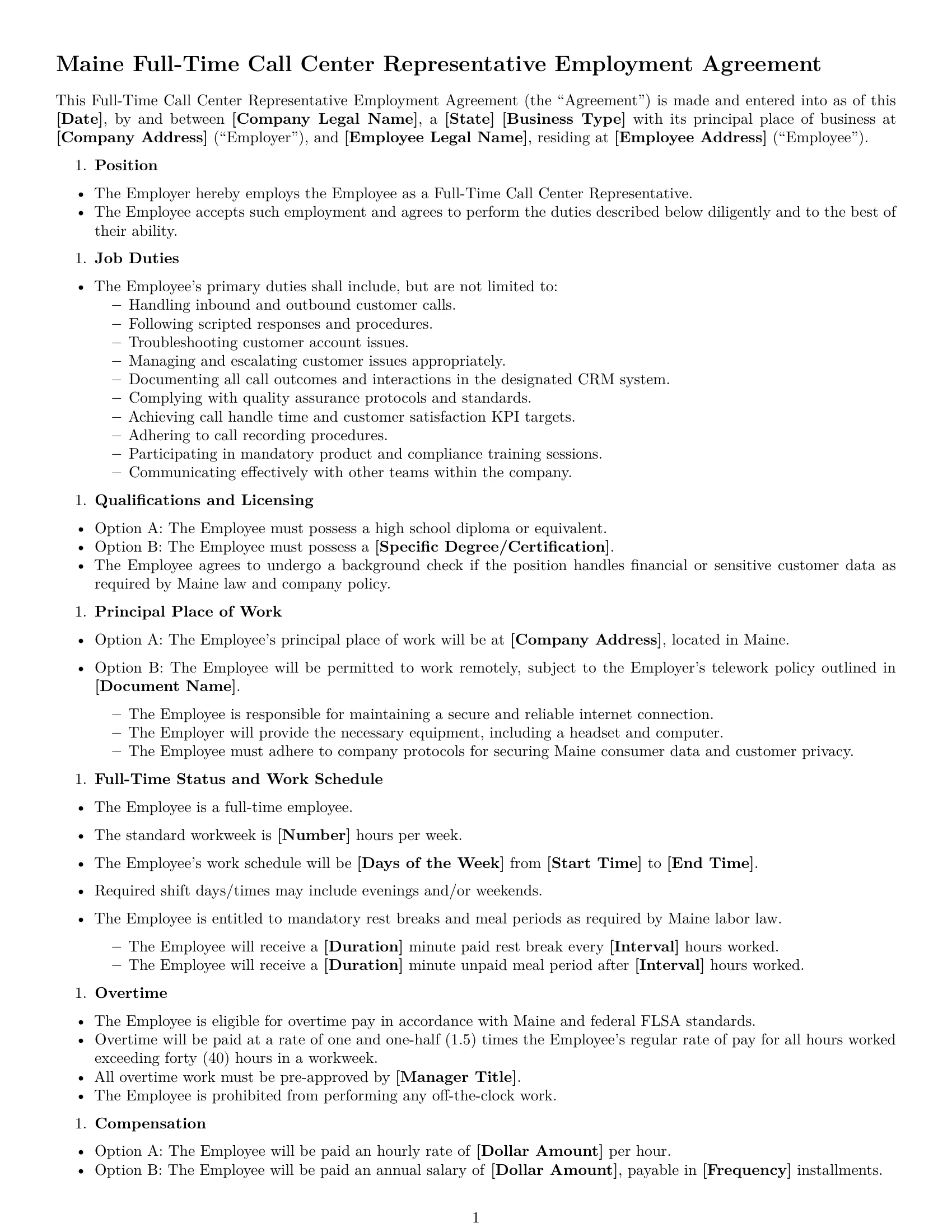 Preview page 1 of Free Maine call center representative employment contract template