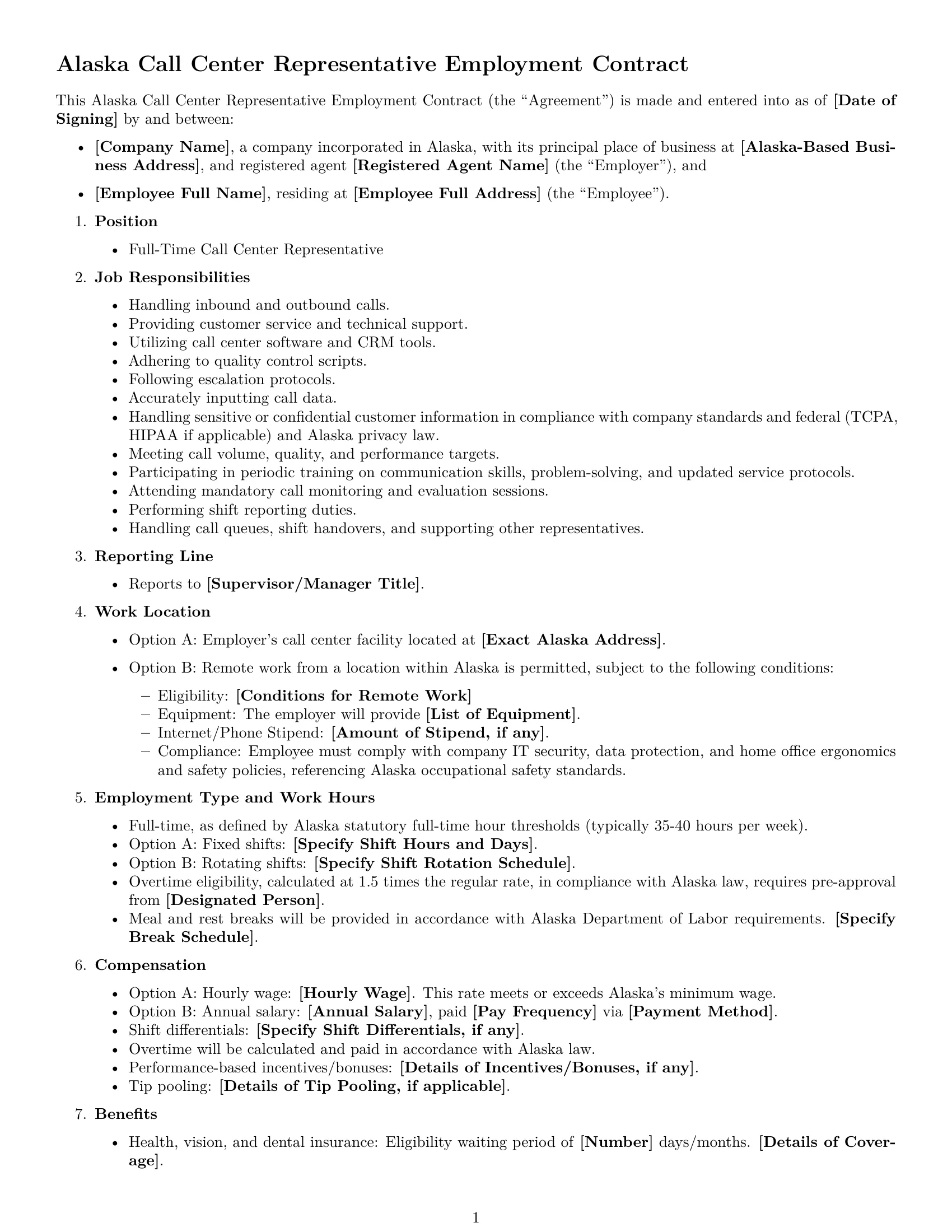 Preview page 1 of Free Alaska call center representative employment contract template