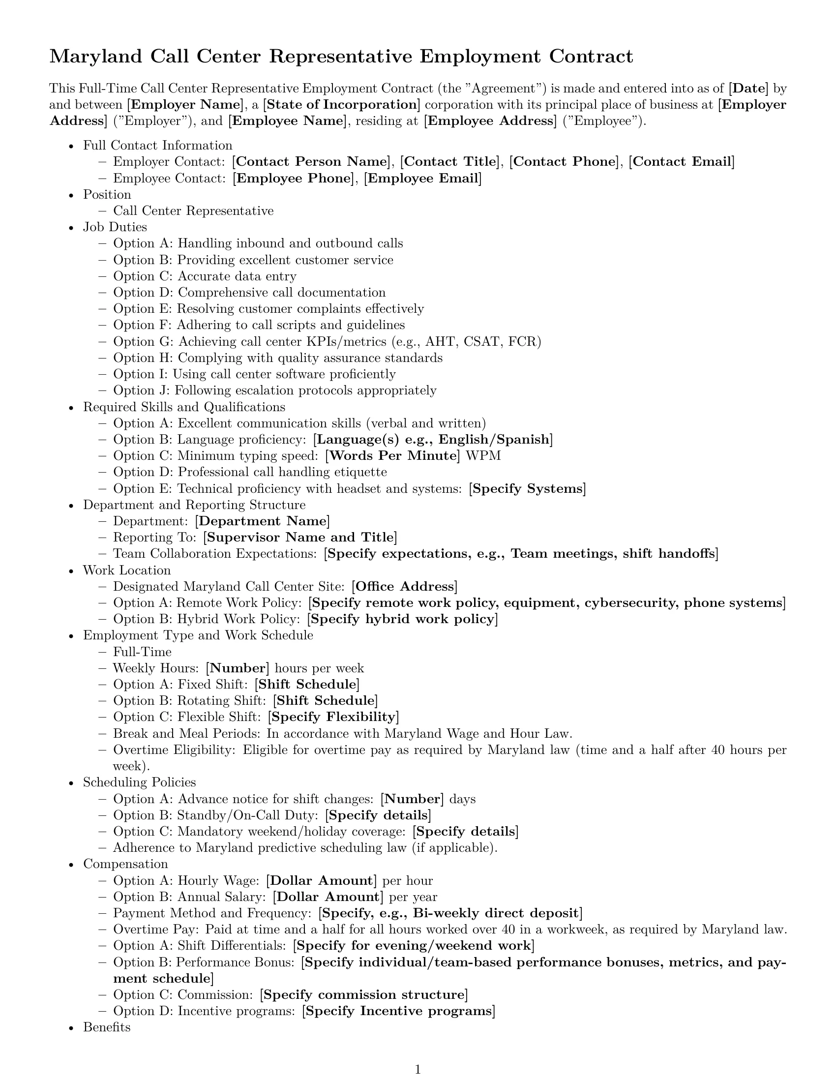 Preview page 1 of Free Maryland call center representative employment contract template