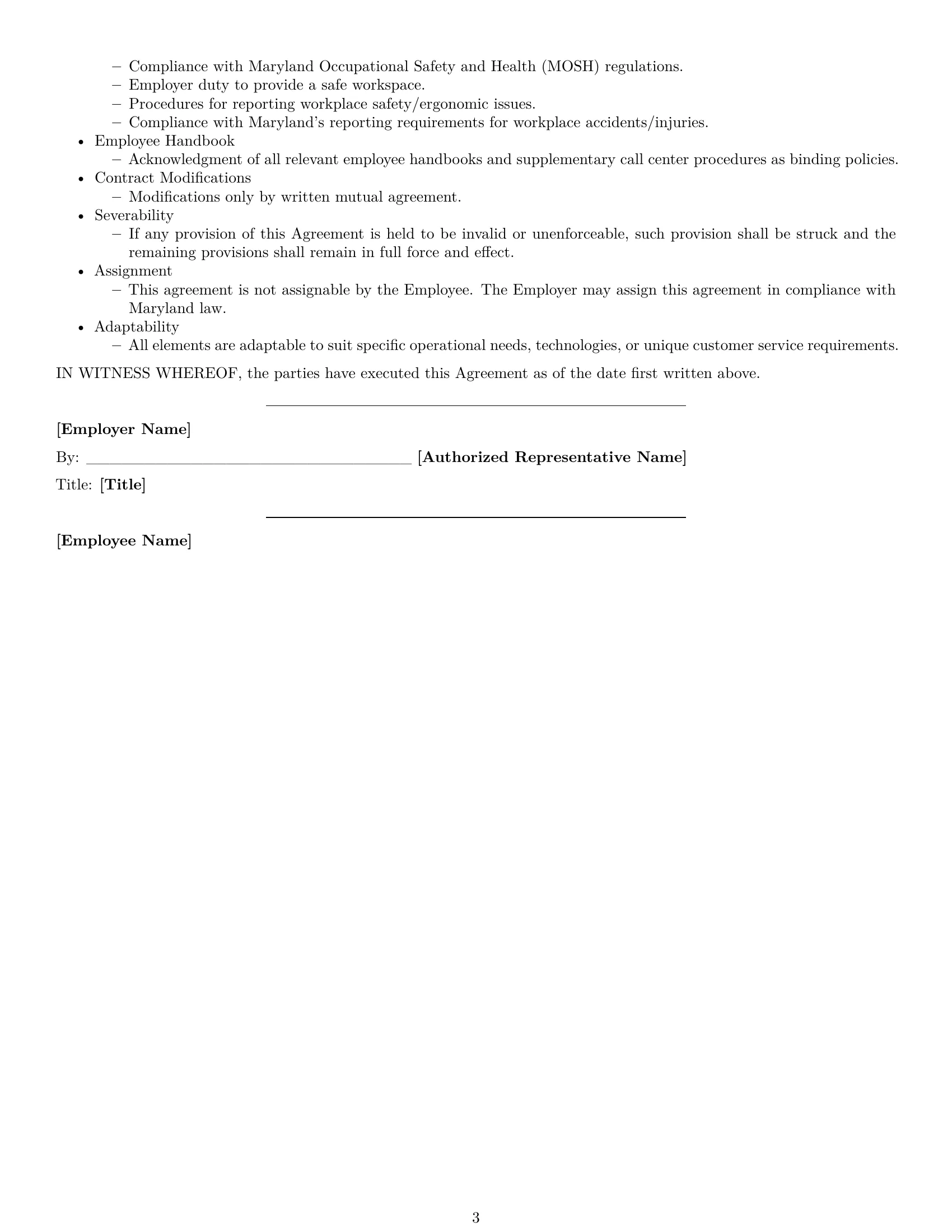 Preview page 3 of Free Maryland call center representative employment contract template