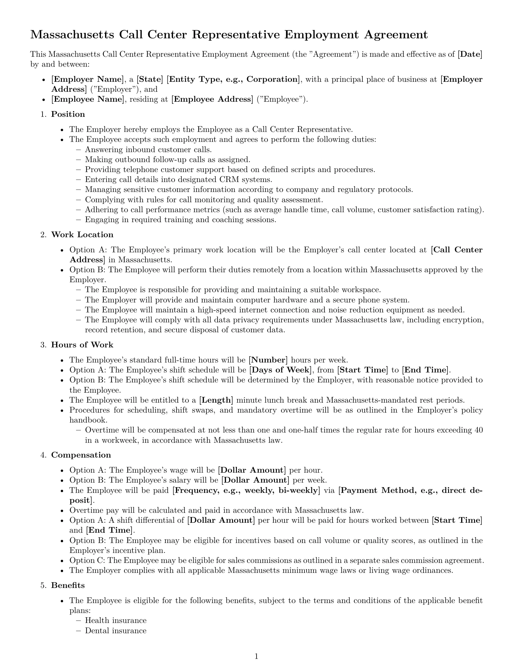 Preview page 1 of Free Massachusetts call center representative employment contract template
