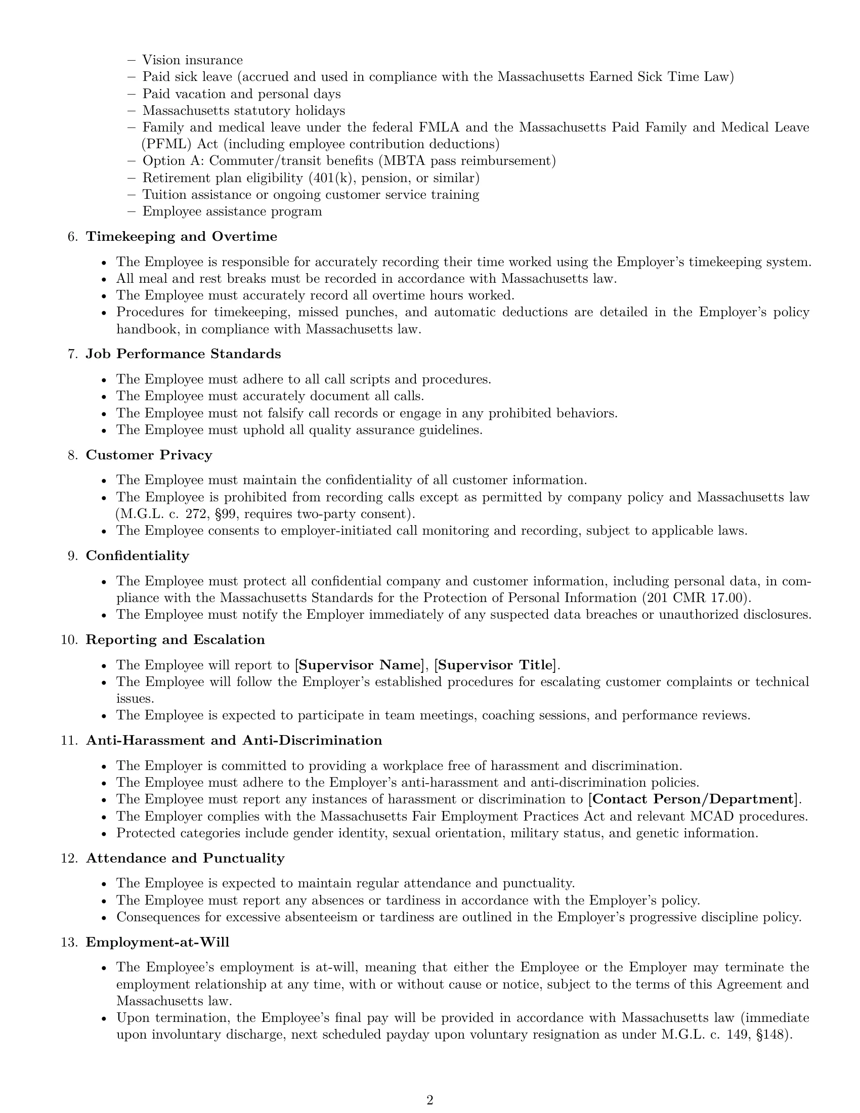 Preview page 2 of Free Massachusetts call center representative employment contract template
