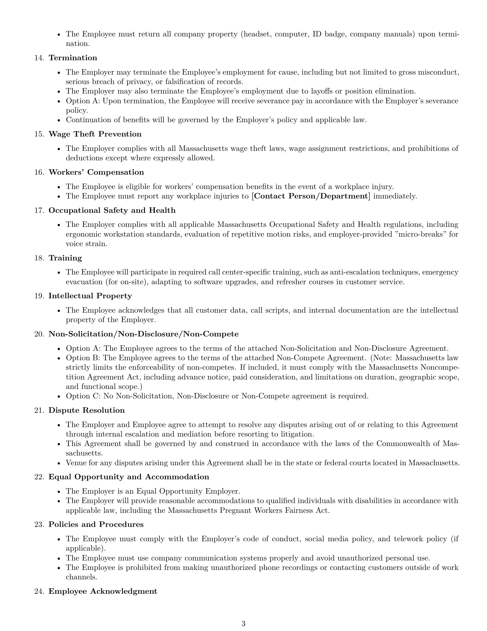 Preview page 3 of Free Massachusetts call center representative employment contract template