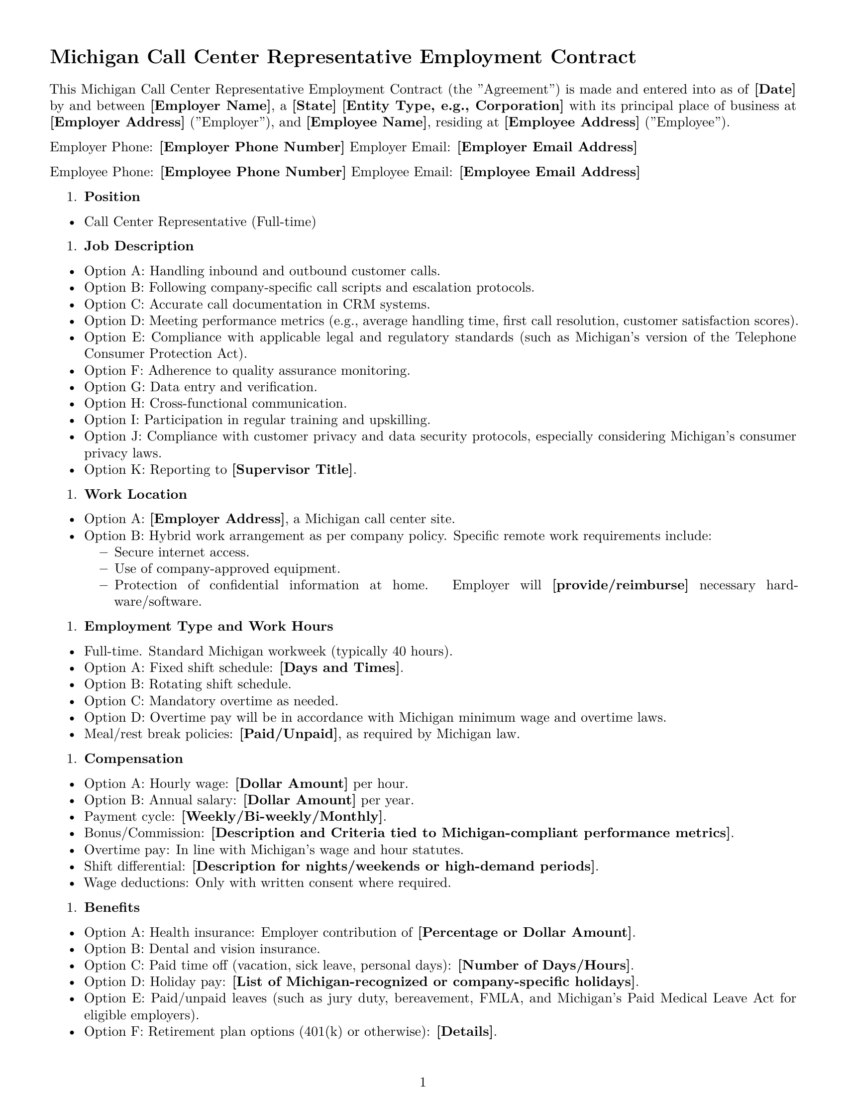 Preview page 1 of Free Michigan call center representative employment contract template