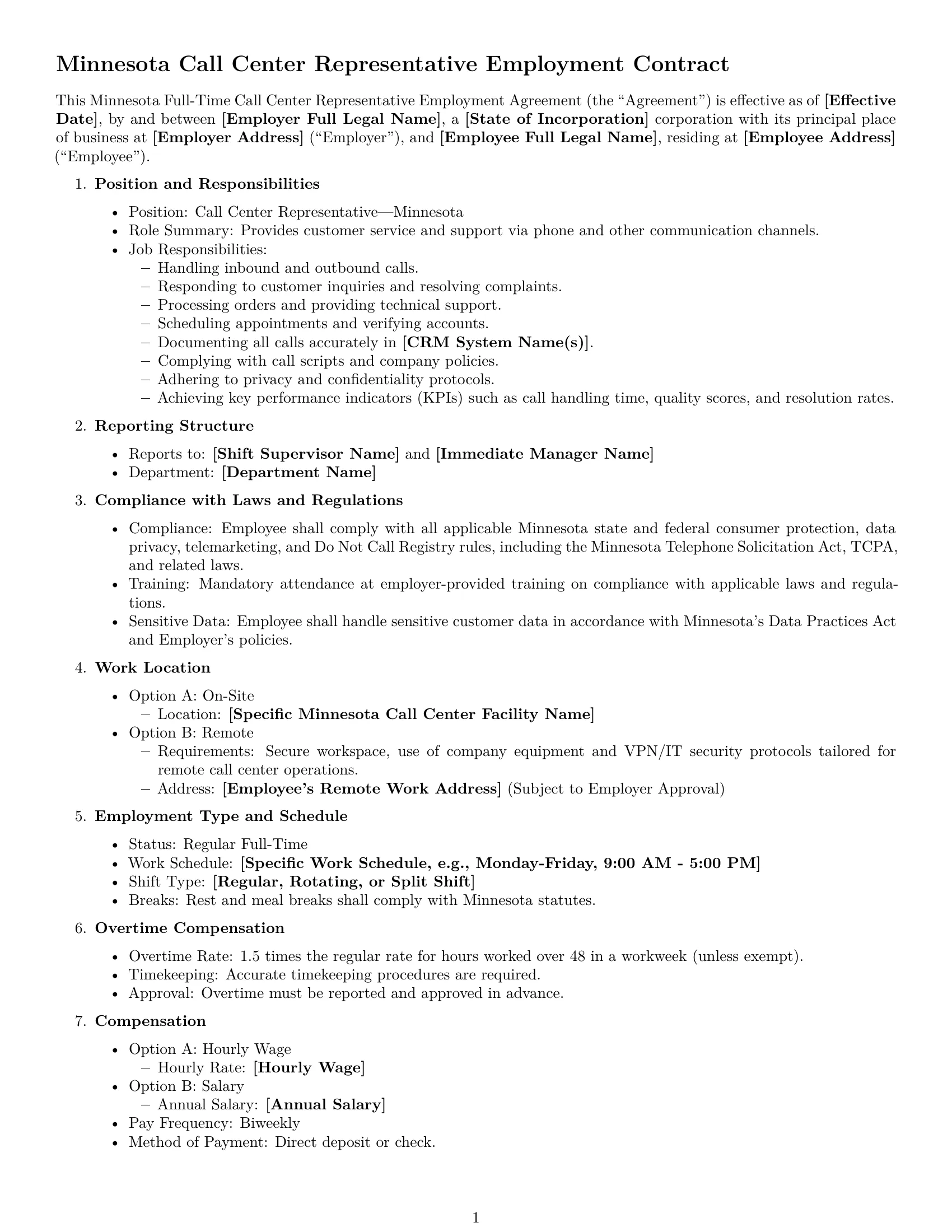 Preview page 1 of Free Minnesota call center representative employment contract template