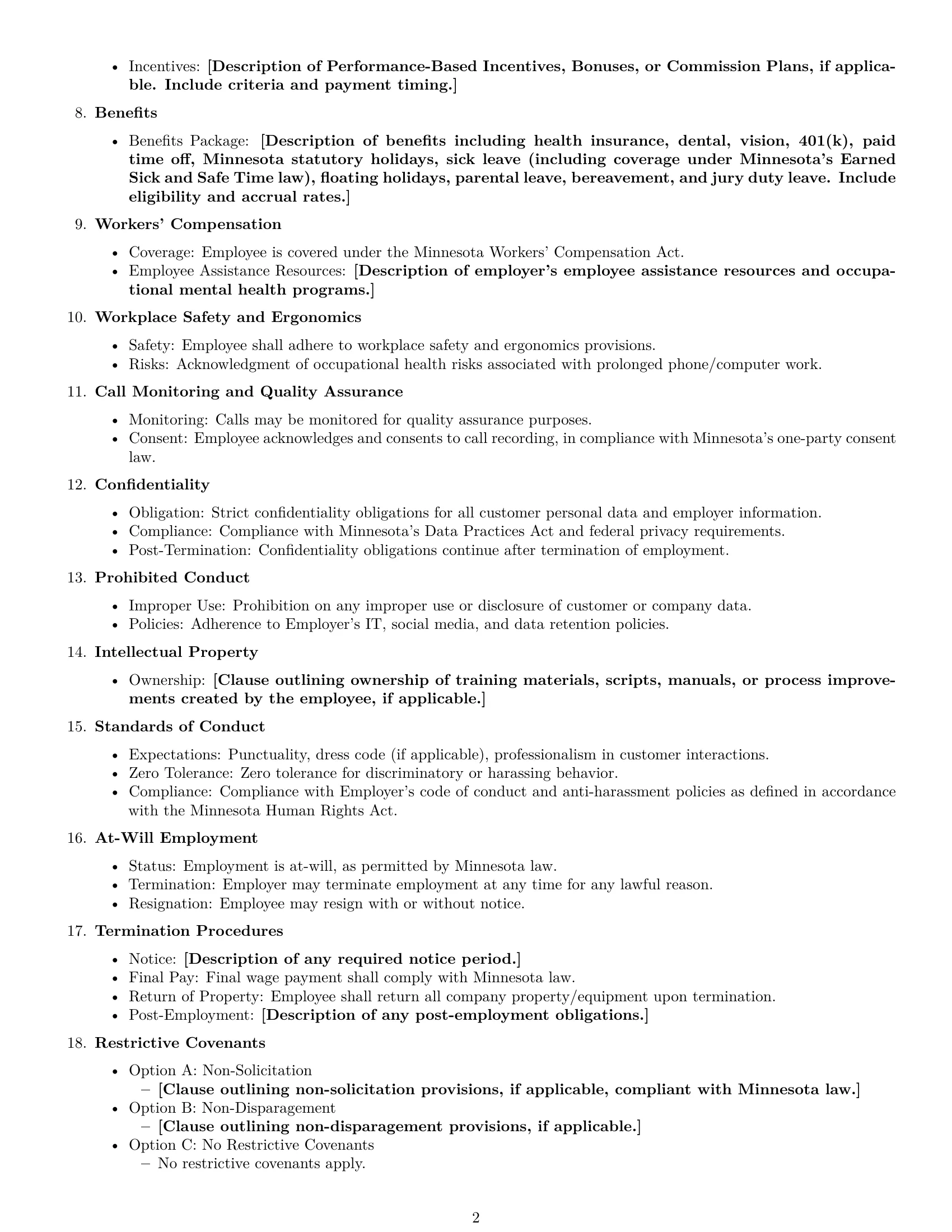 Preview page 2 of Free Minnesota call center representative employment contract template
