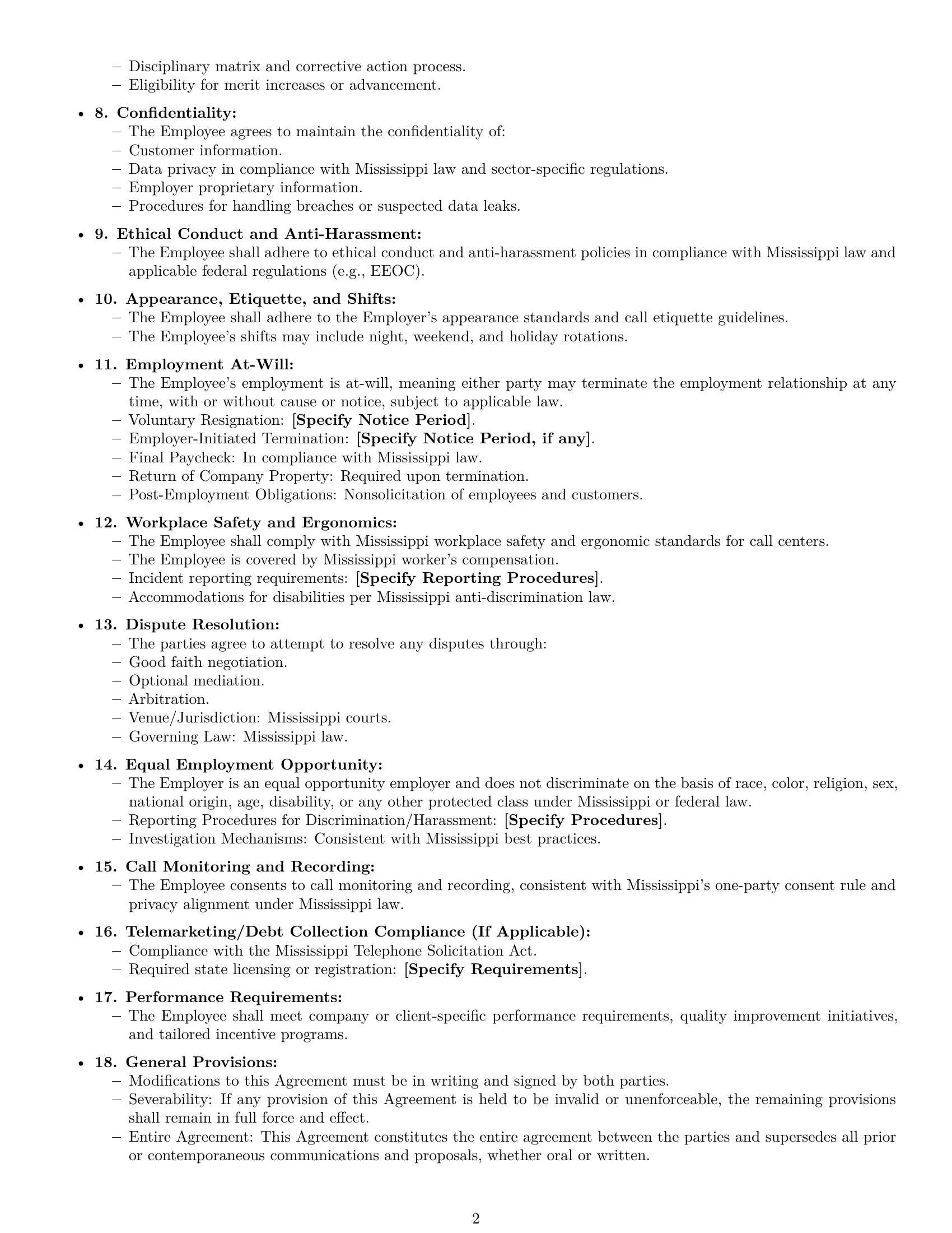 Preview page 2 of Free Mississippi call center representative employment contract template
