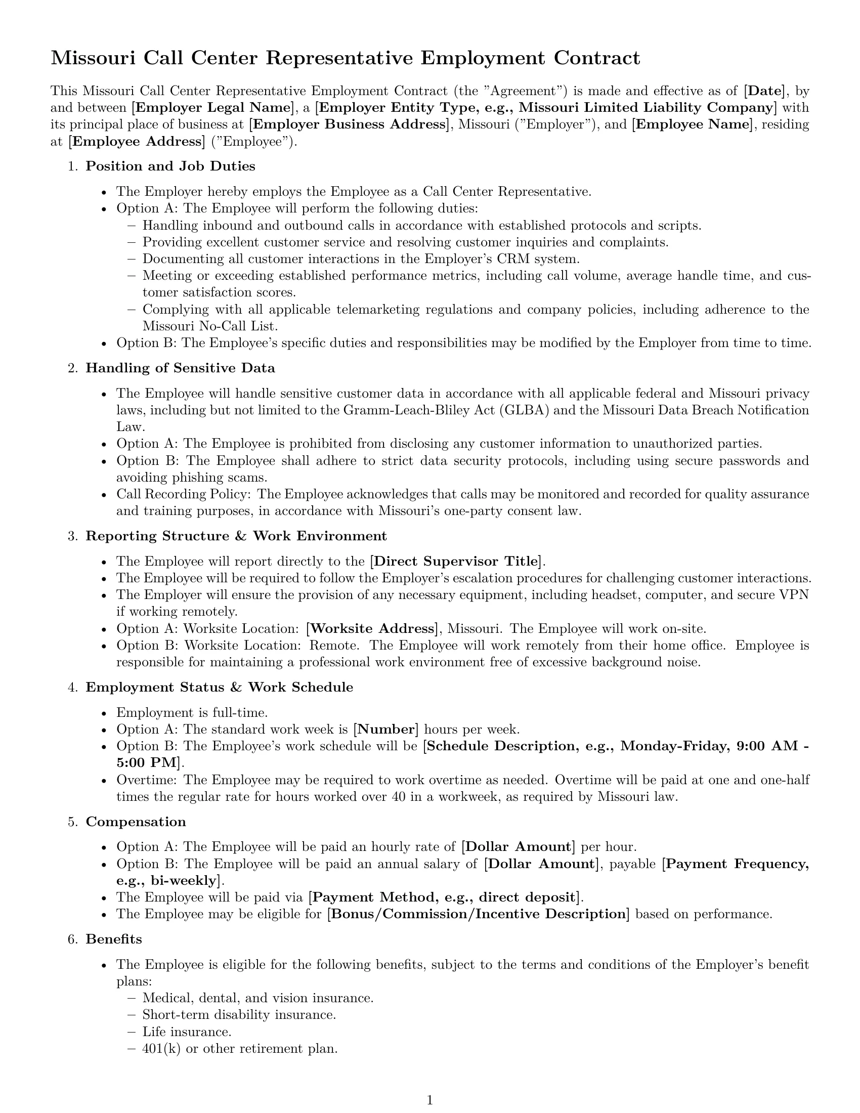 Preview page 1 of Free Missouri call center representative employment contract template