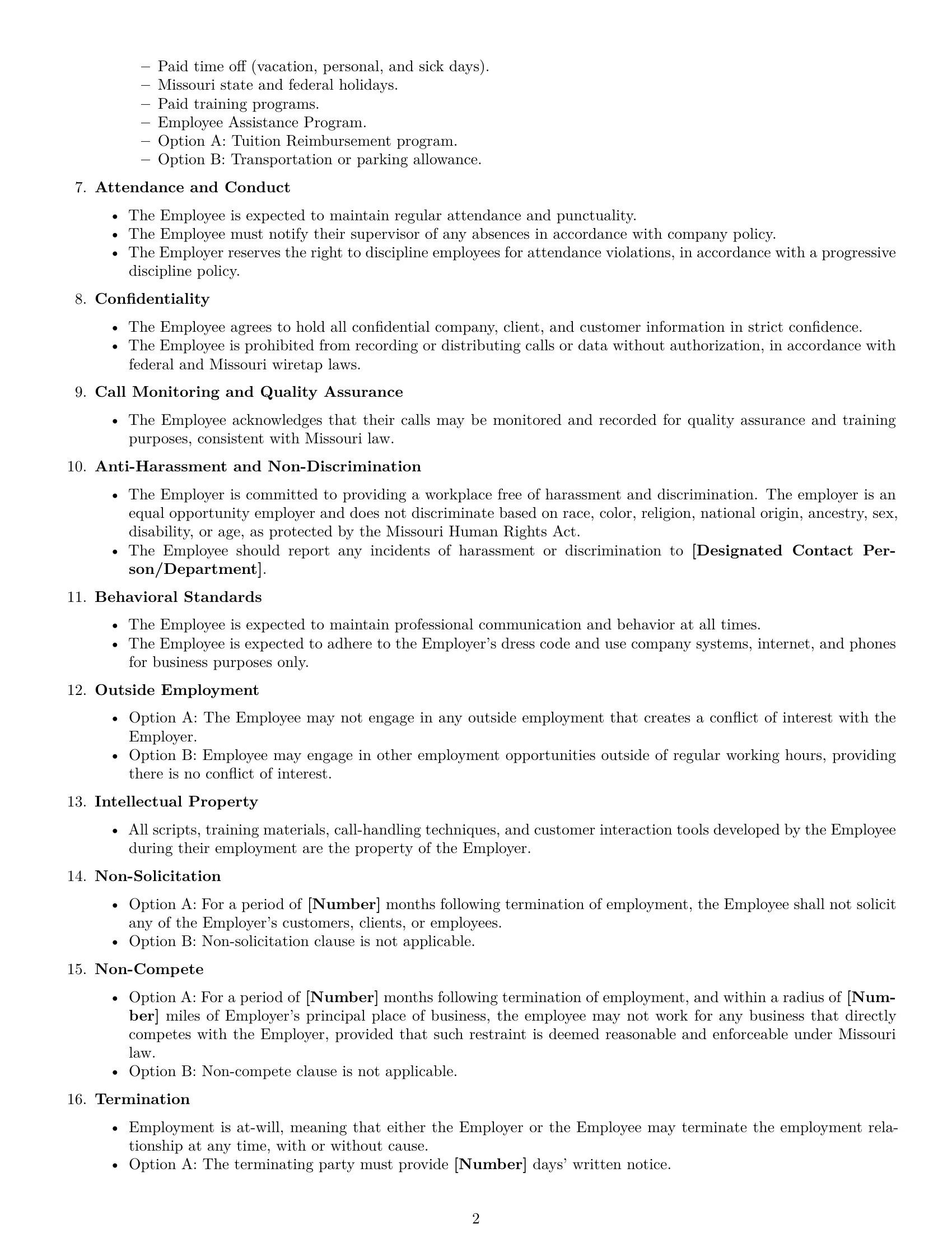 Preview page 2 of Free Missouri call center representative employment contract template