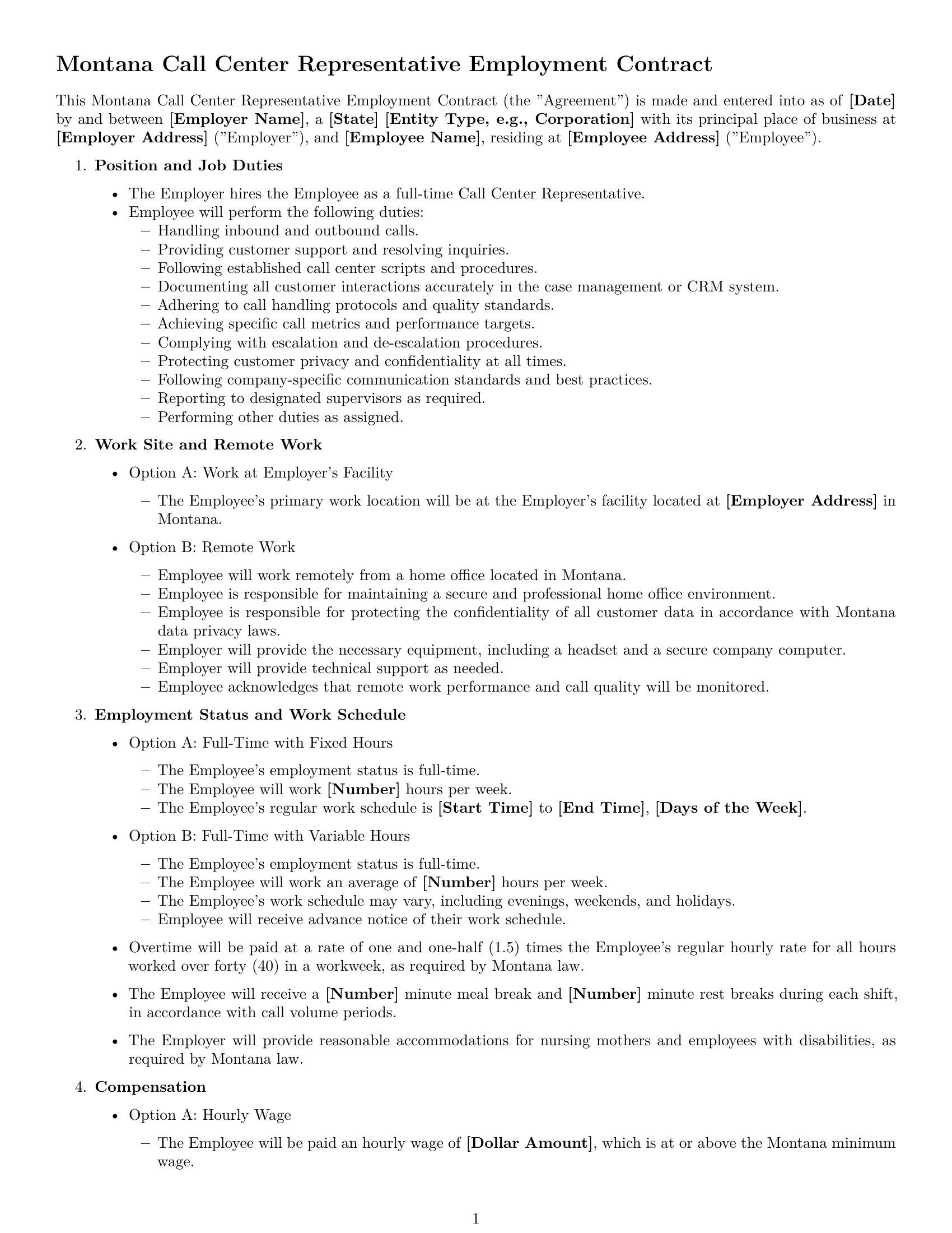 Preview page 1 of Free Montana call center representative employment contract template