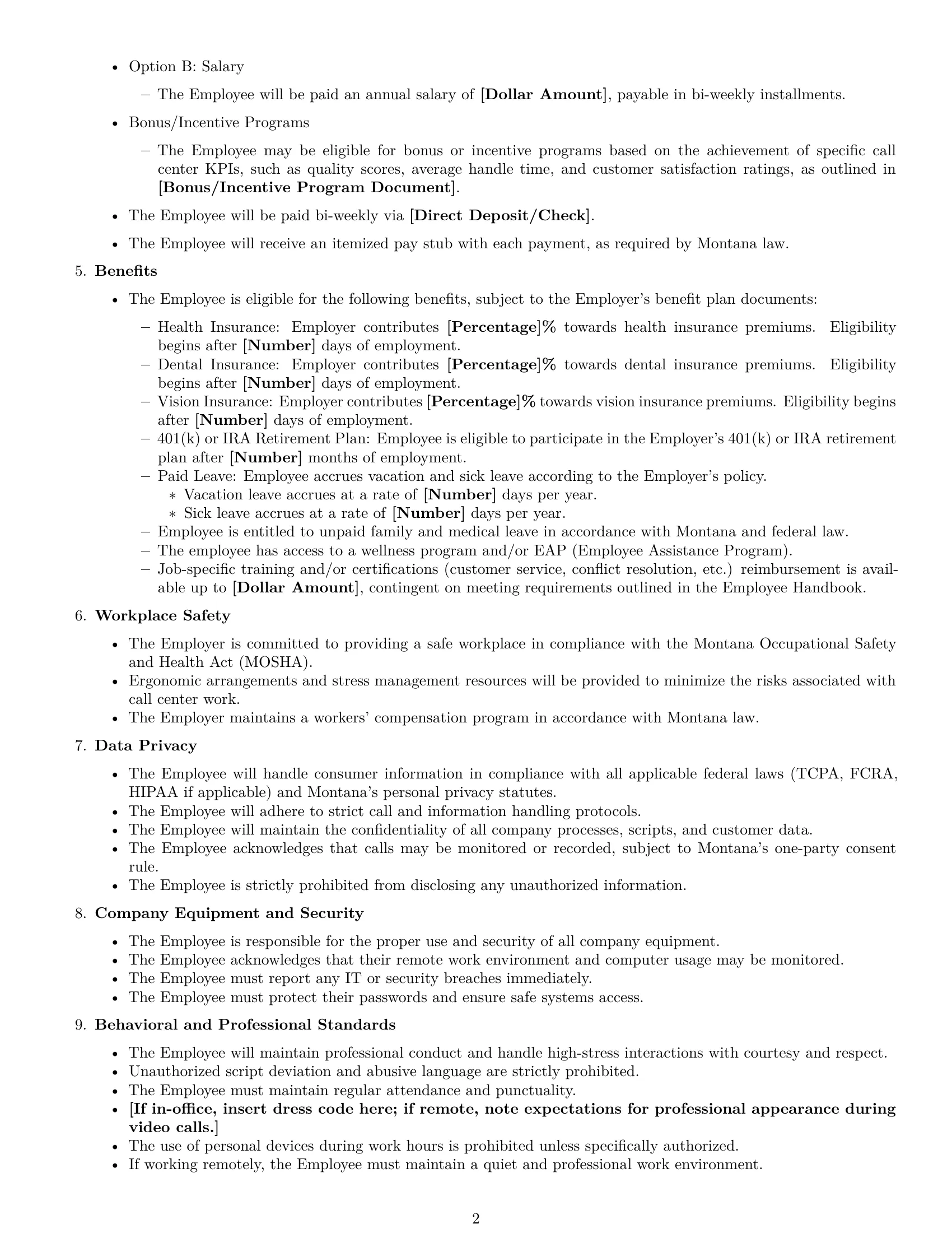 Preview page 2 of Free Montana call center representative employment contract template