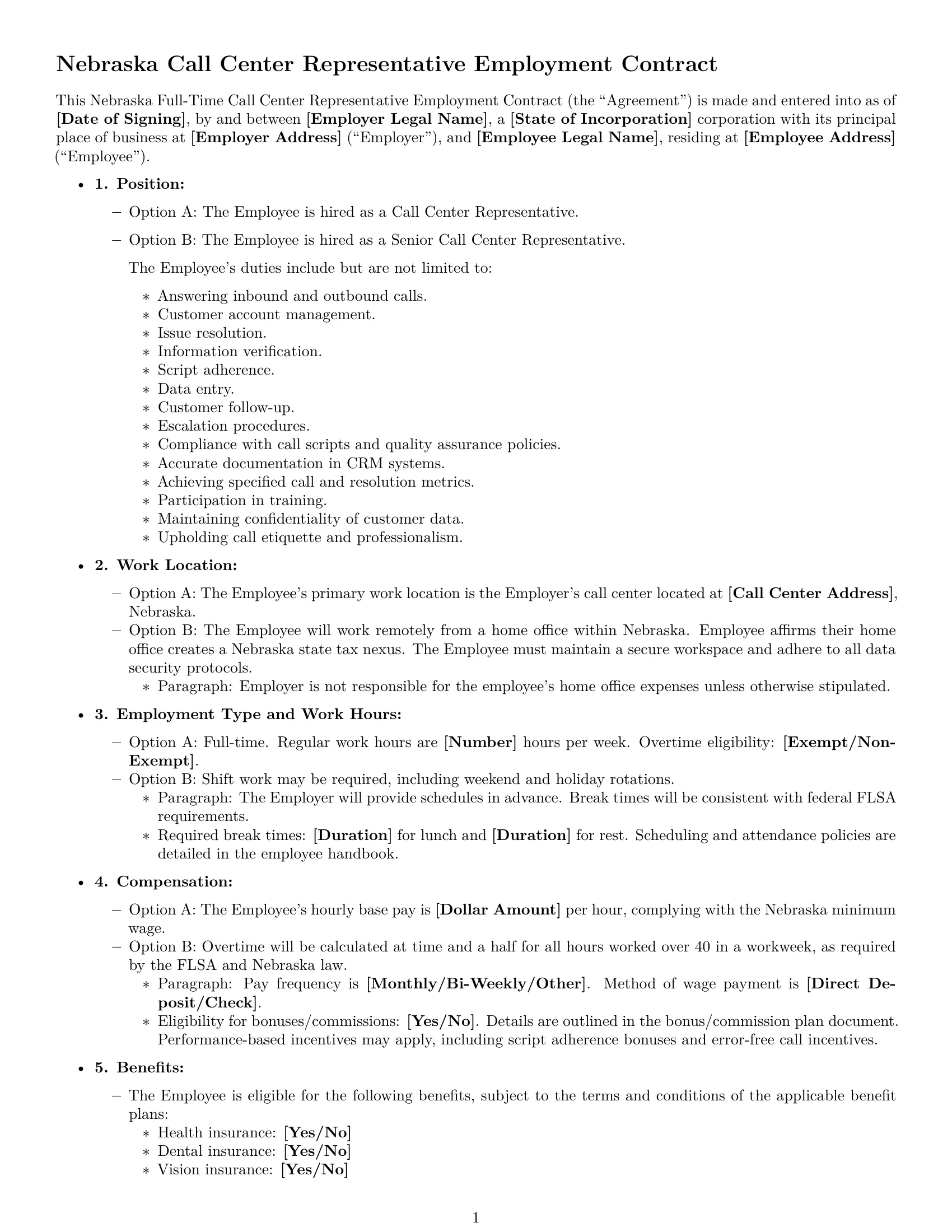 Preview page 1 of Free Nebraska call center representative employment contract template