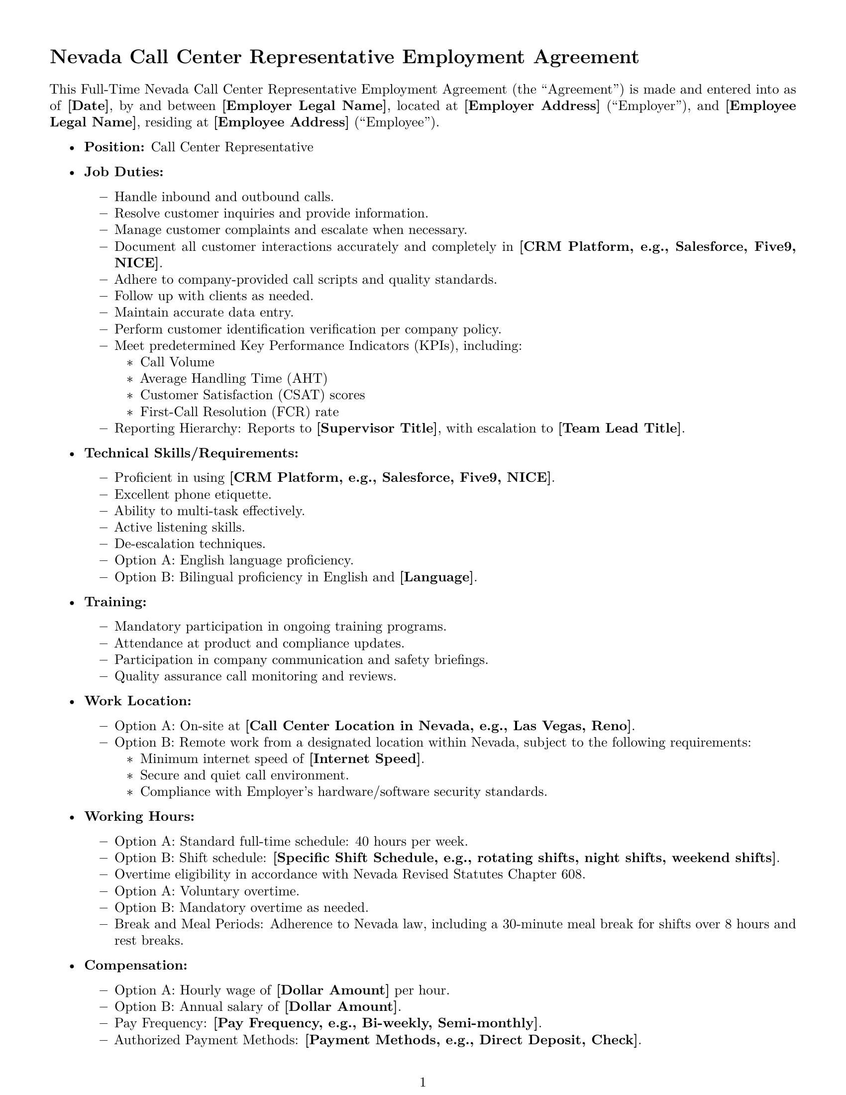 Preview page 1 of Free Nevada call center representative employment contract template