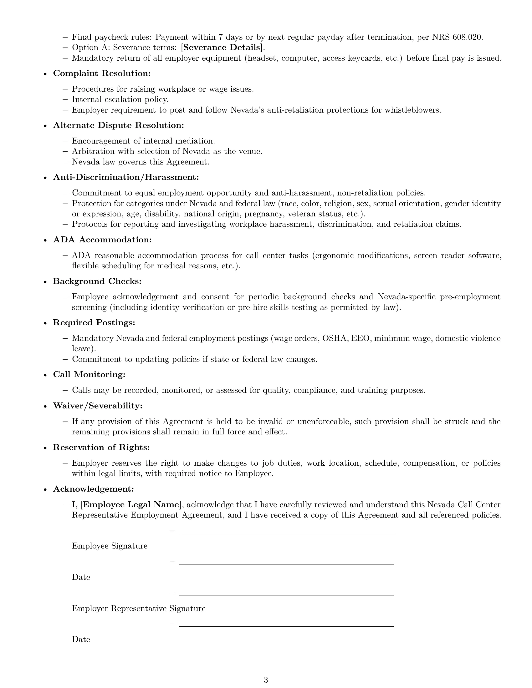 Preview page 3 of Free Nevada call center representative employment contract template