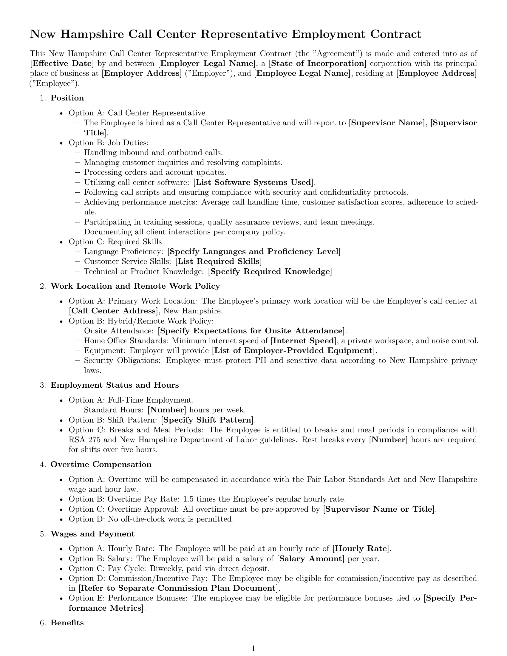 Preview page 1 of Free New Hampshire call center representative employment contract template