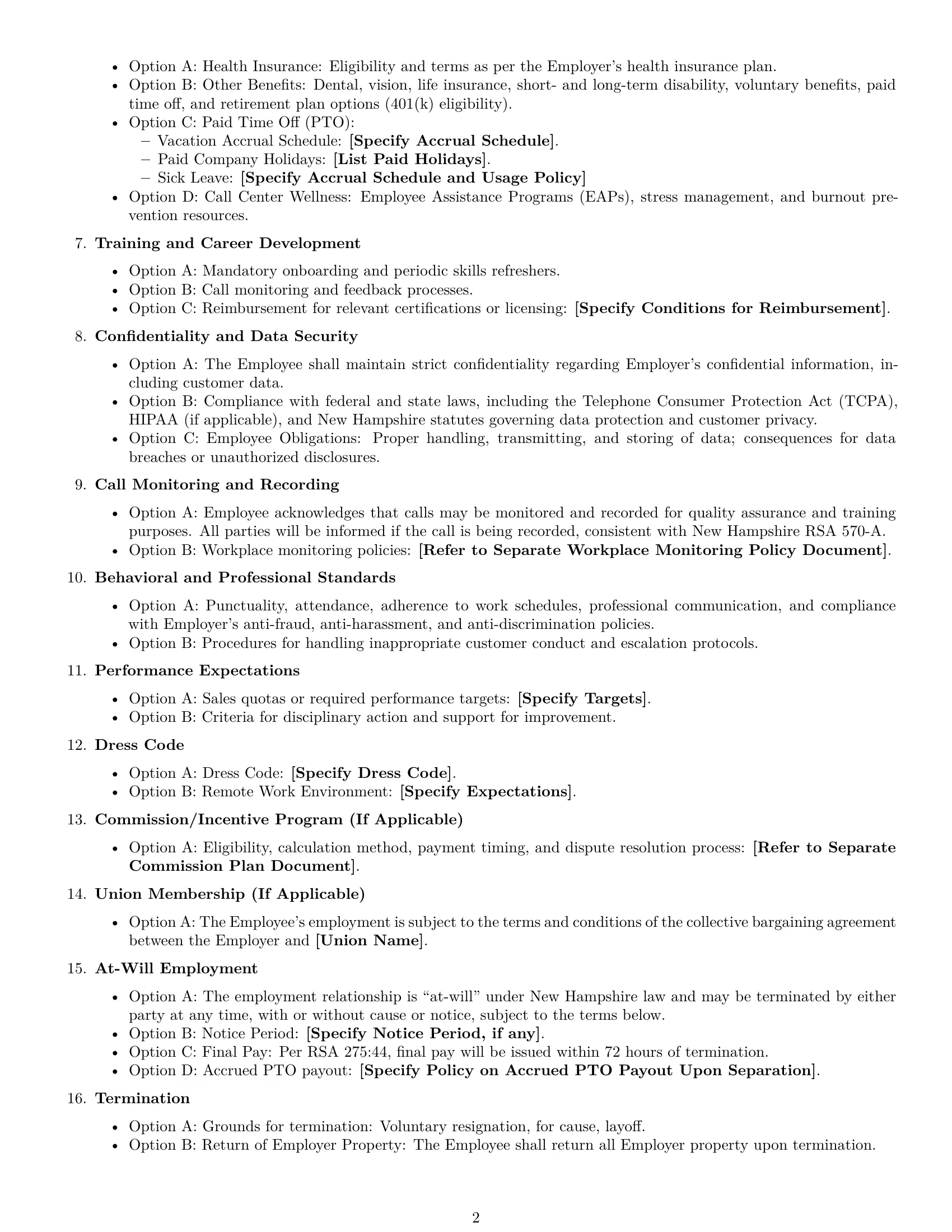 Preview page 2 of Free New Hampshire call center representative employment contract template