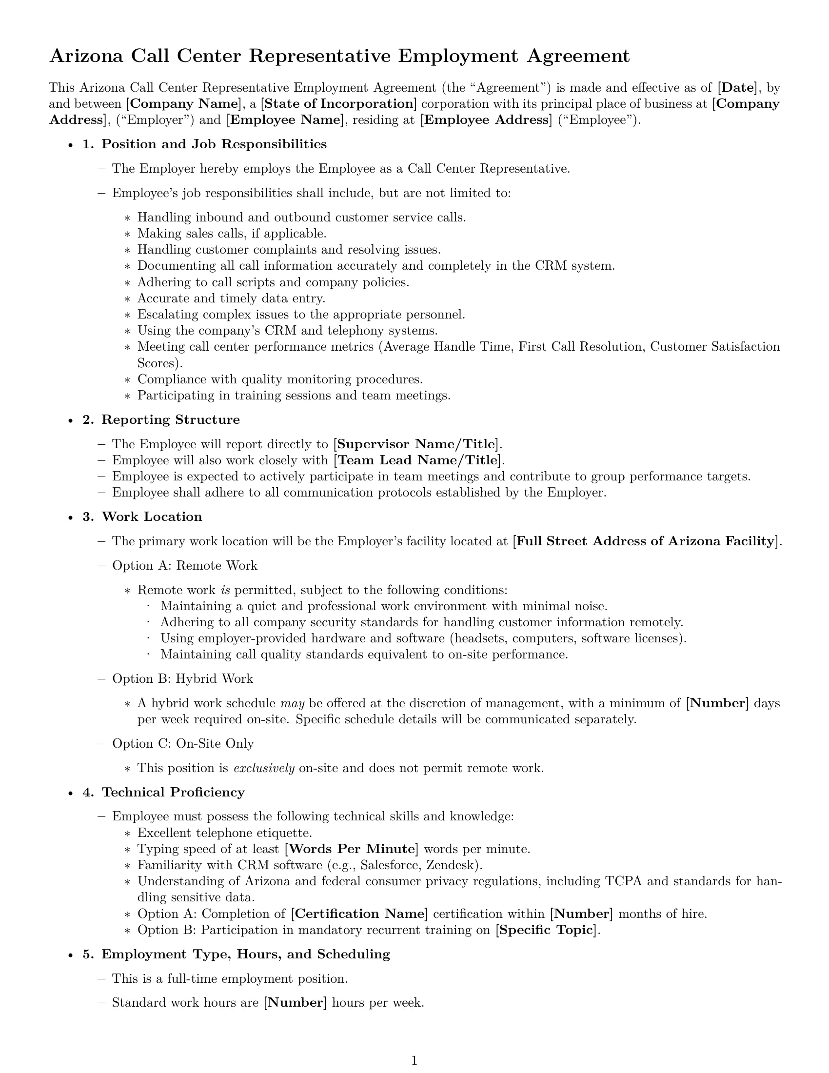 Preview page 1 of Free Arizona call center representative employment contract template