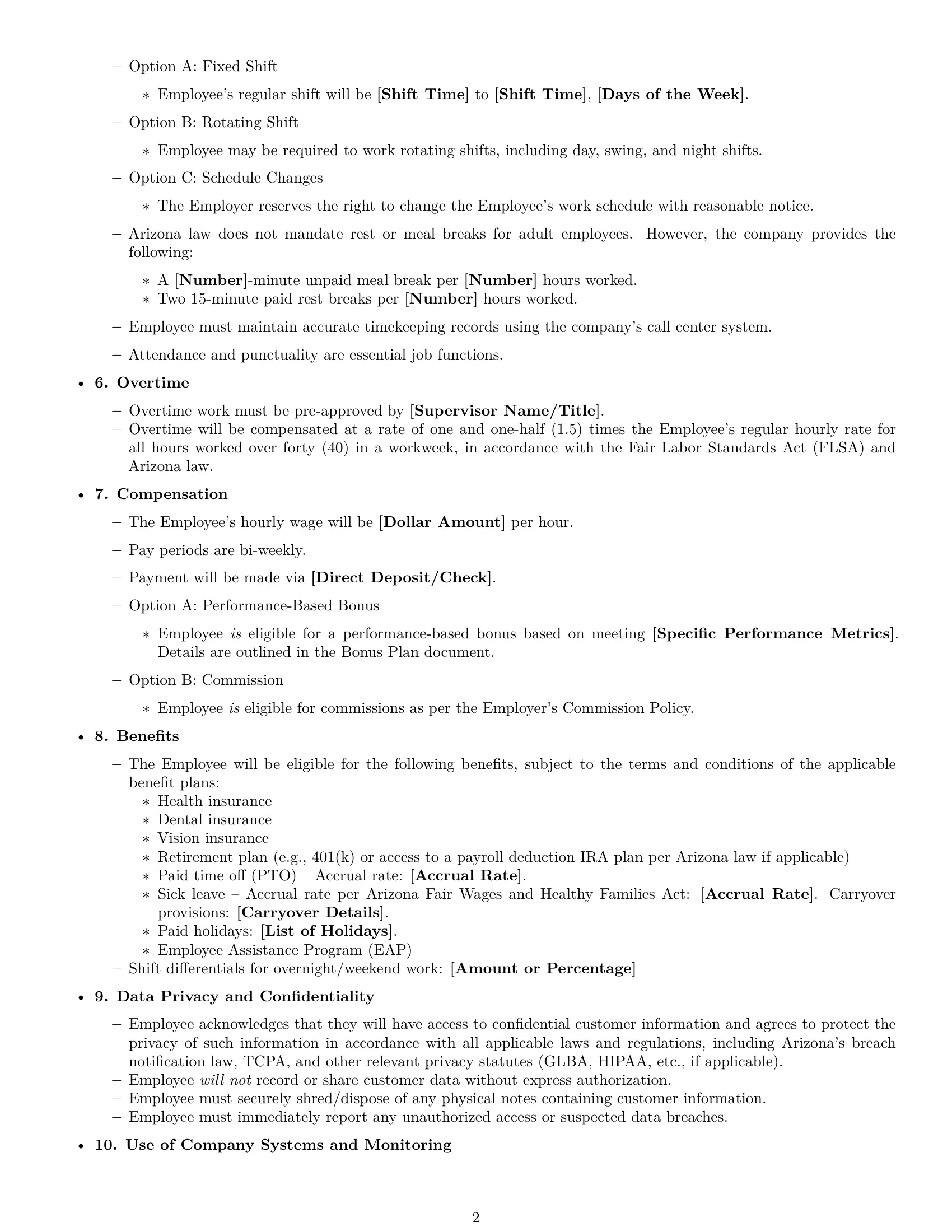Preview page 2 of Free Arizona call center representative employment contract template