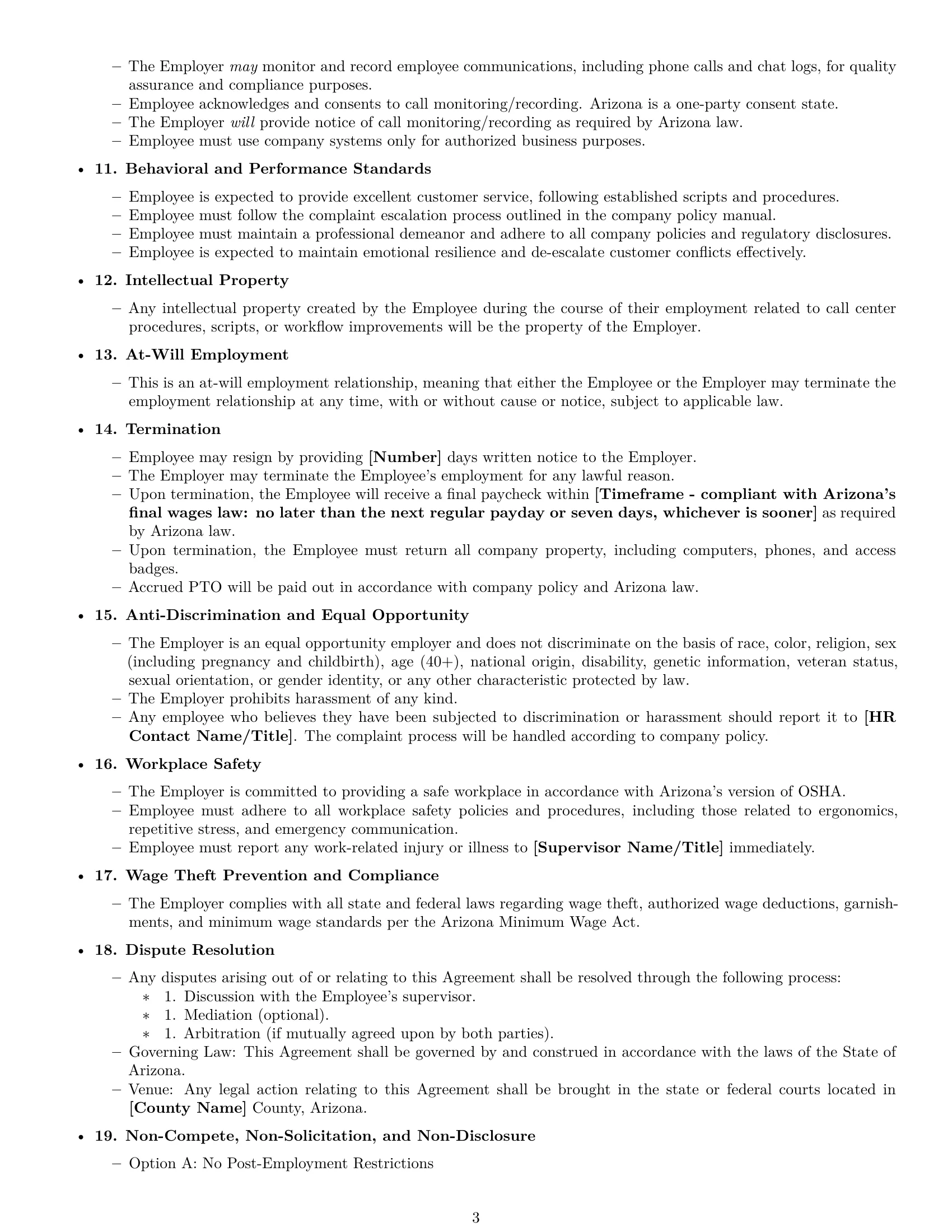 Preview page 3 of Free Arizona call center representative employment contract template