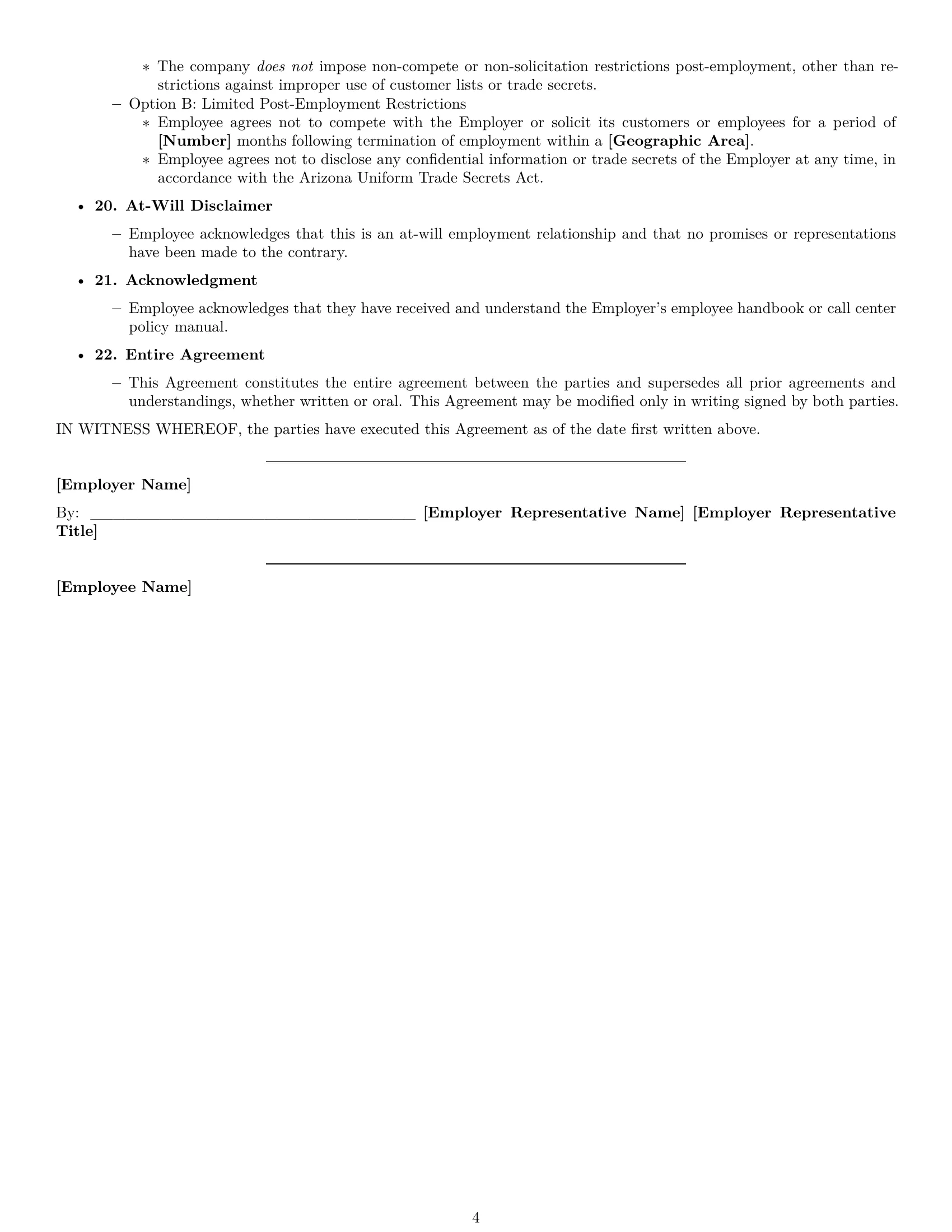 Preview page 4 of Free Arizona call center representative employment contract template