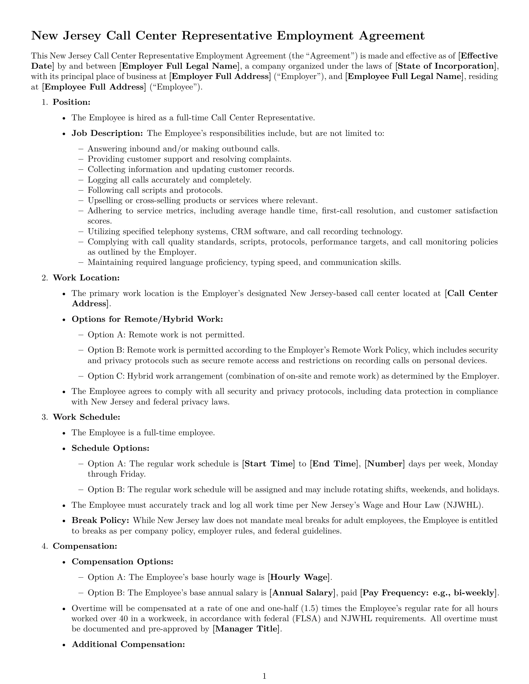 Preview page 1 of Free New Jersey call center representative employment contract template