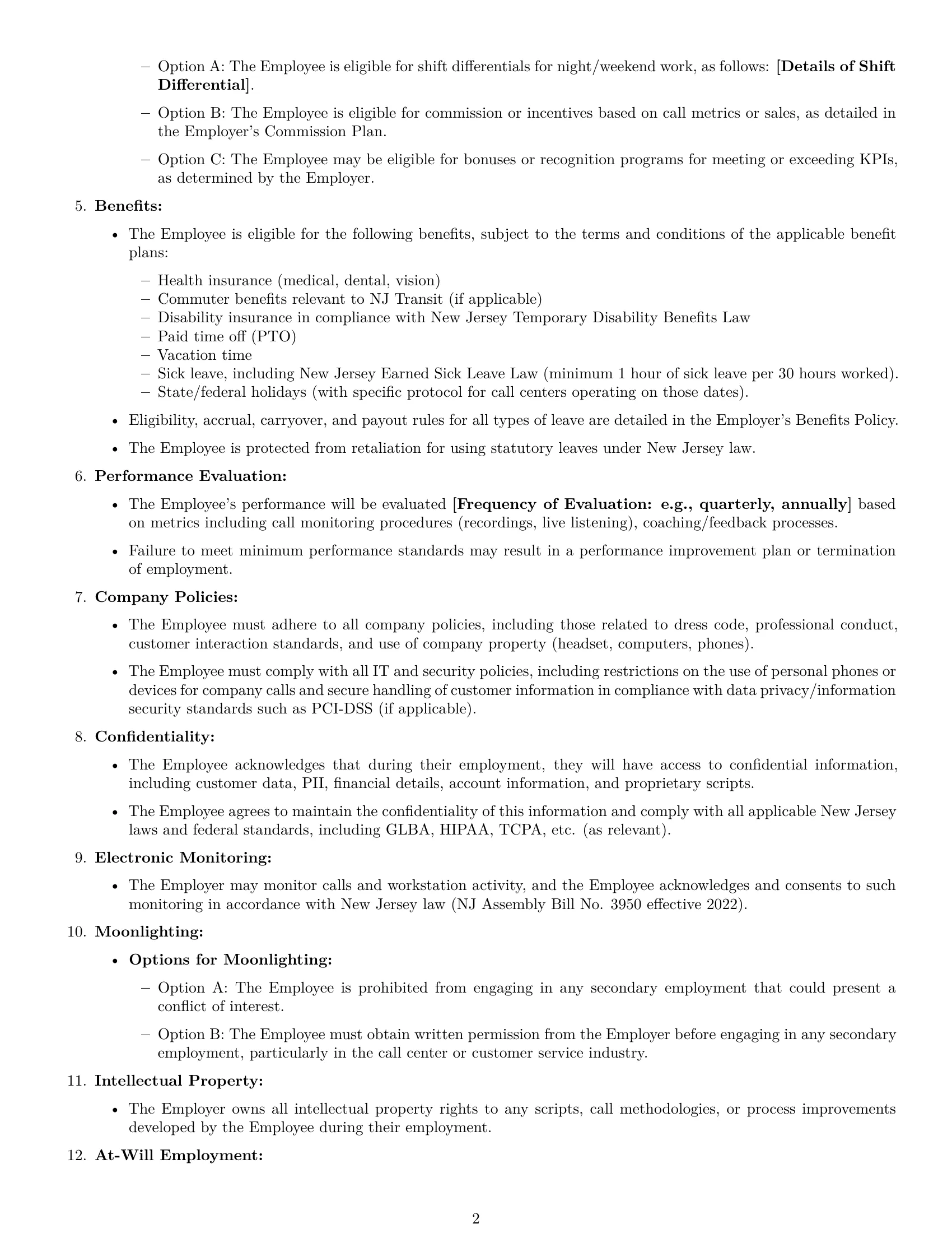 Preview page 2 of Free New Jersey call center representative employment contract template