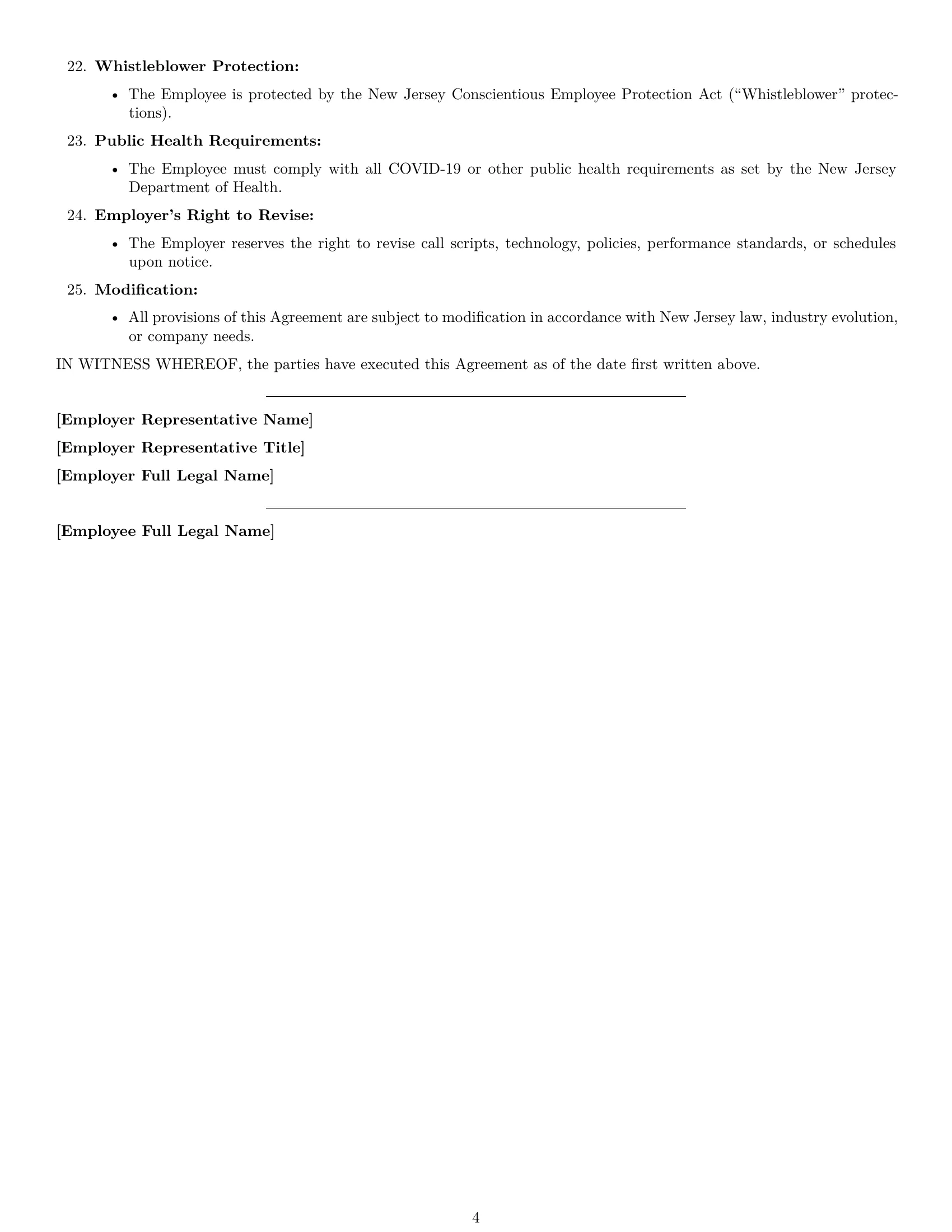 Preview page 4 of Free New Jersey call center representative employment contract template