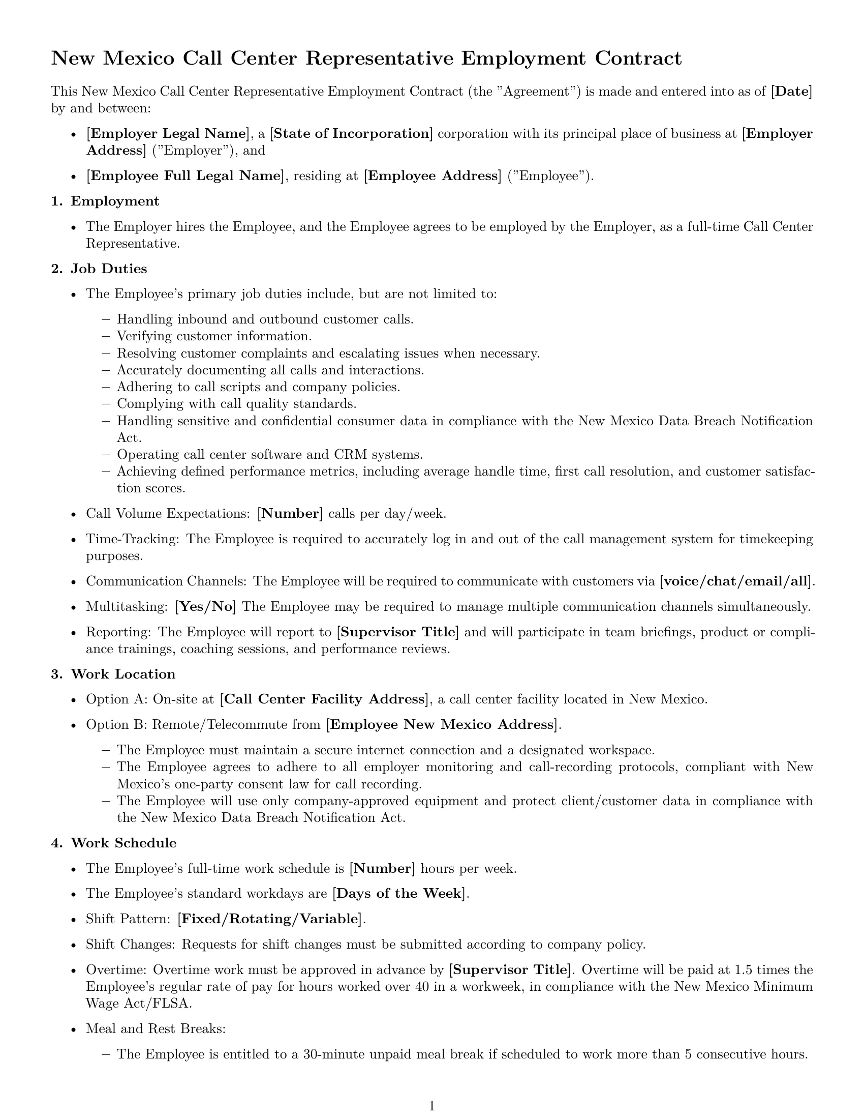Preview page 1 of Free New Mexico call center representative employment contract template