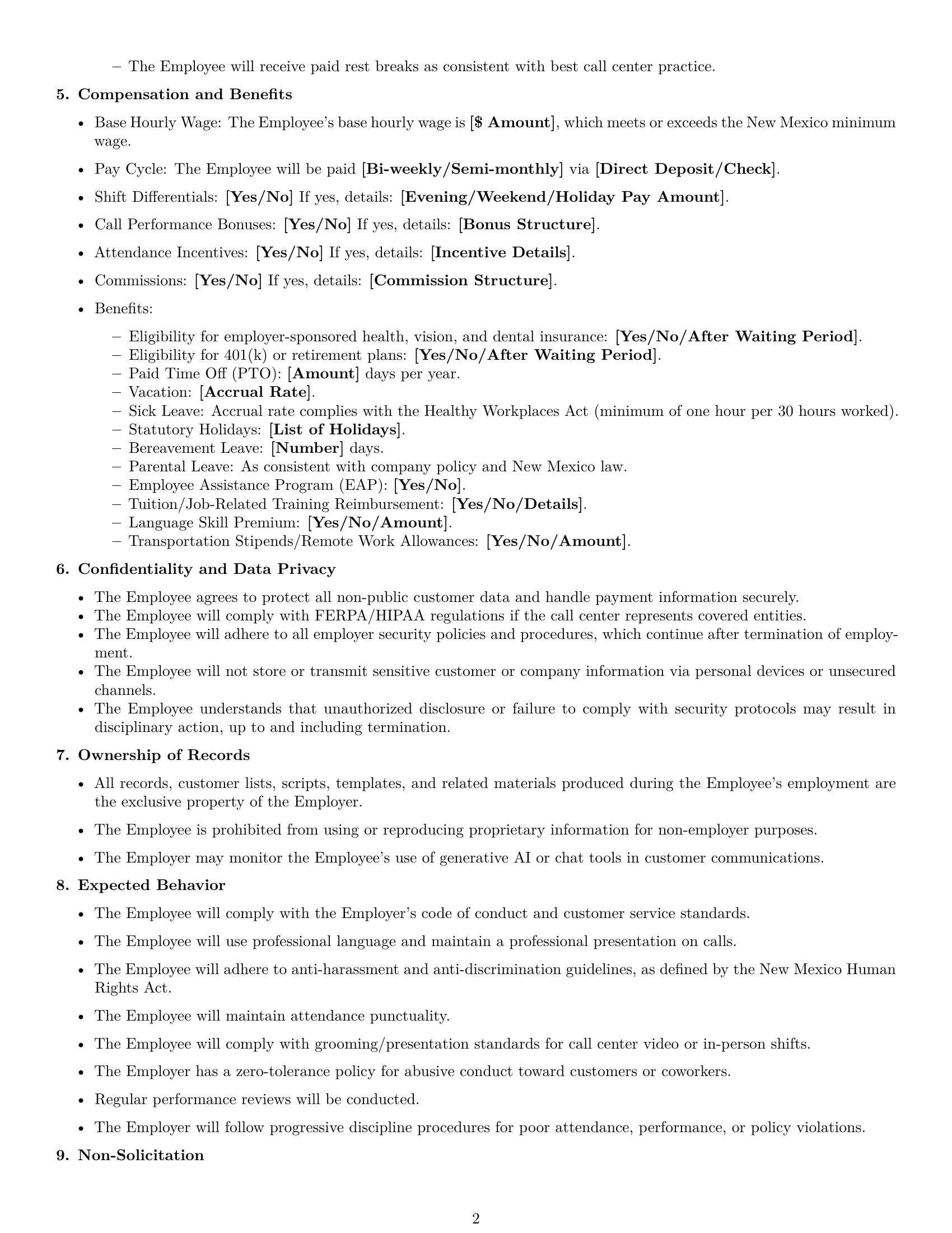 Preview page 2 of Free New Mexico call center representative employment contract template