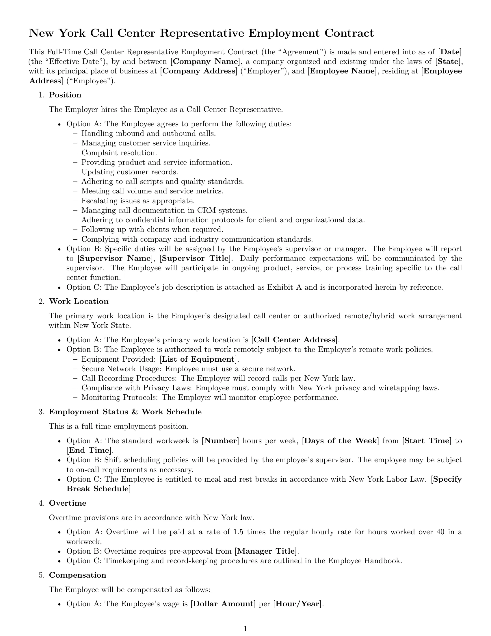 Preview page 1 of Free New York call center representative employment contract template