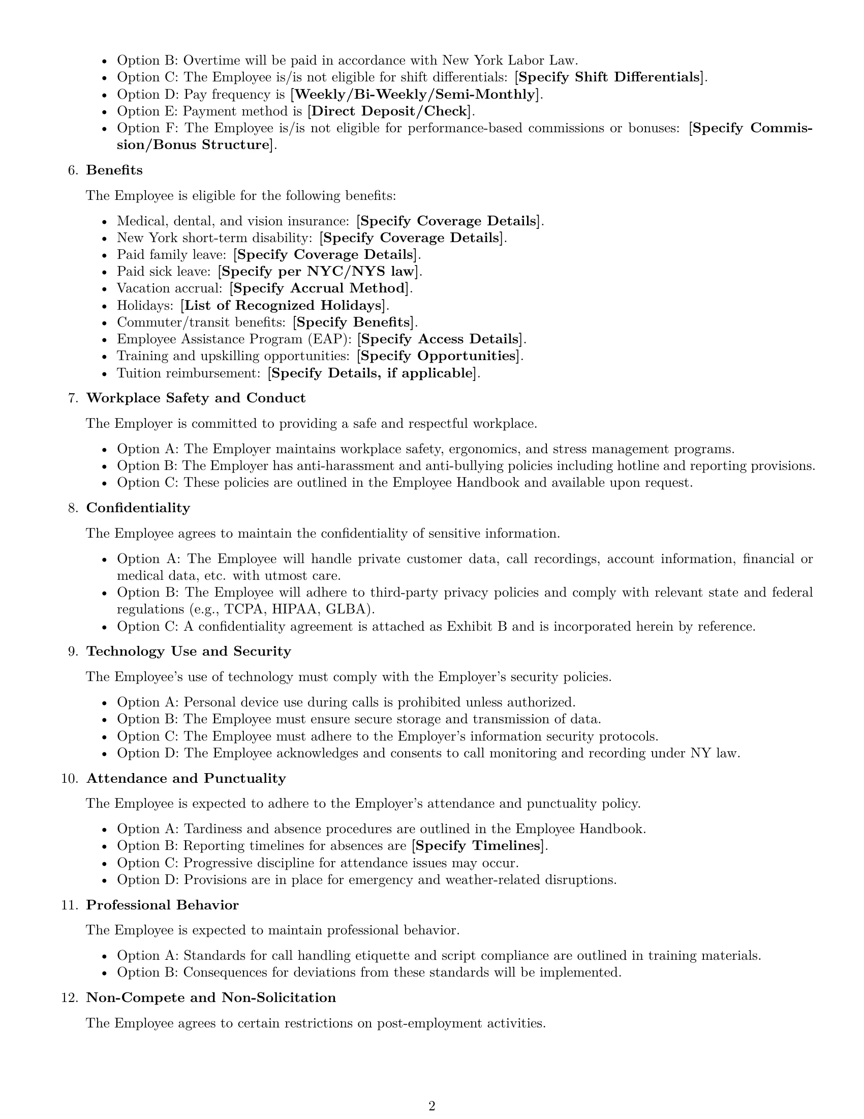 Preview page 2 of Free New York call center representative employment contract template