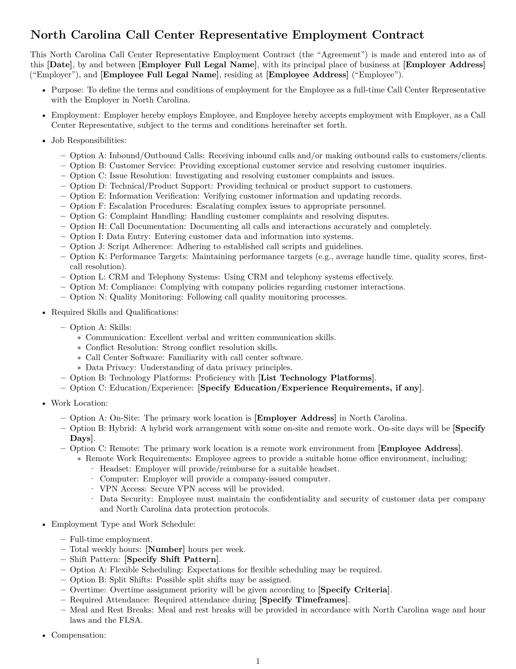 Preview page 1 of Free North Carolina call center representative employment contract template