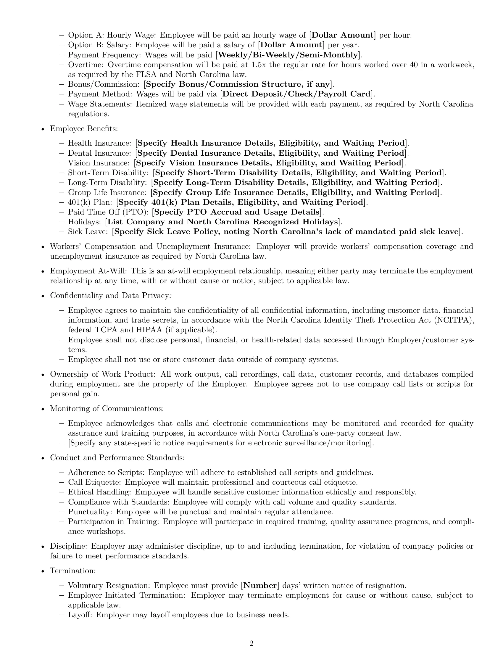 Preview page 2 of Free North Carolina call center representative employment contract template