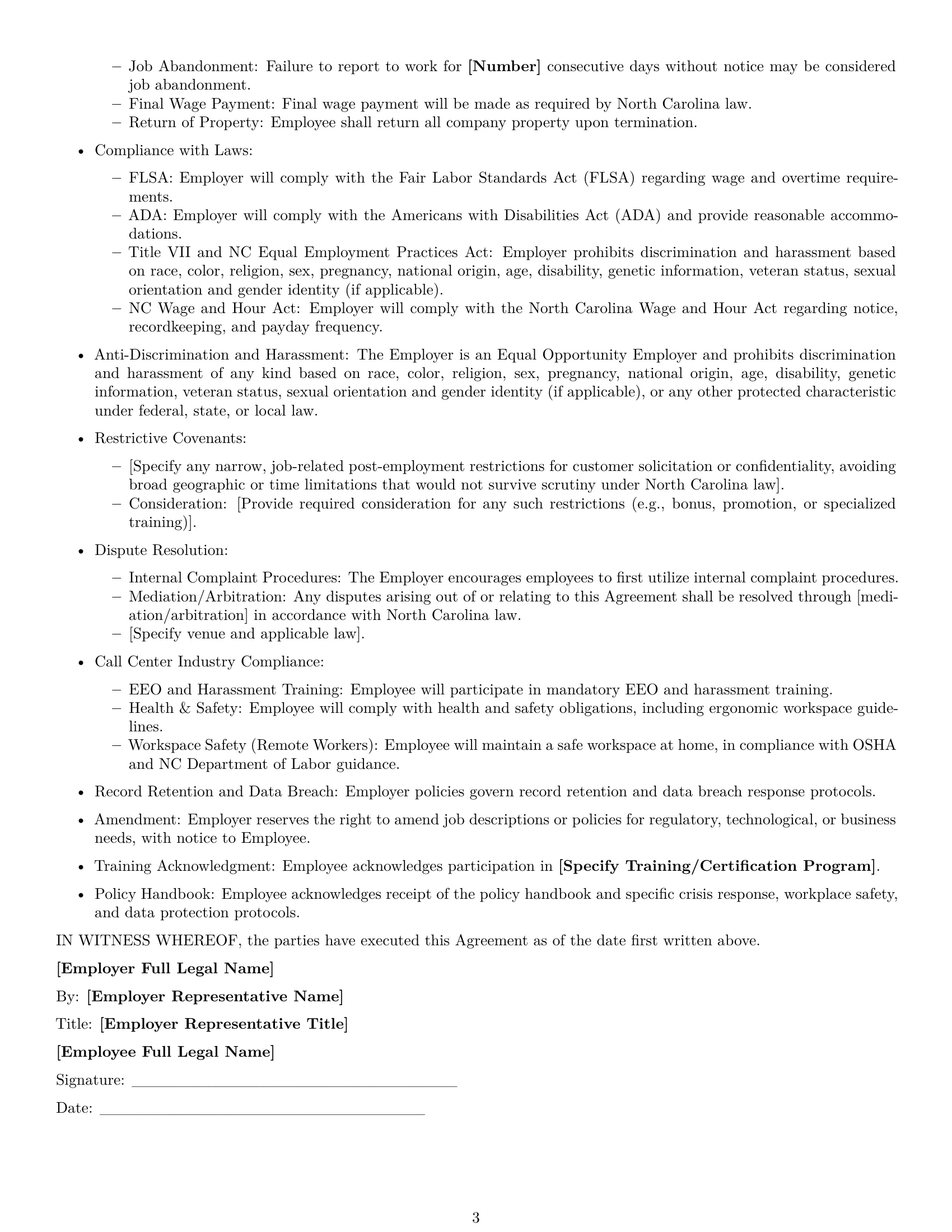 Preview page 3 of Free North Carolina call center representative employment contract template