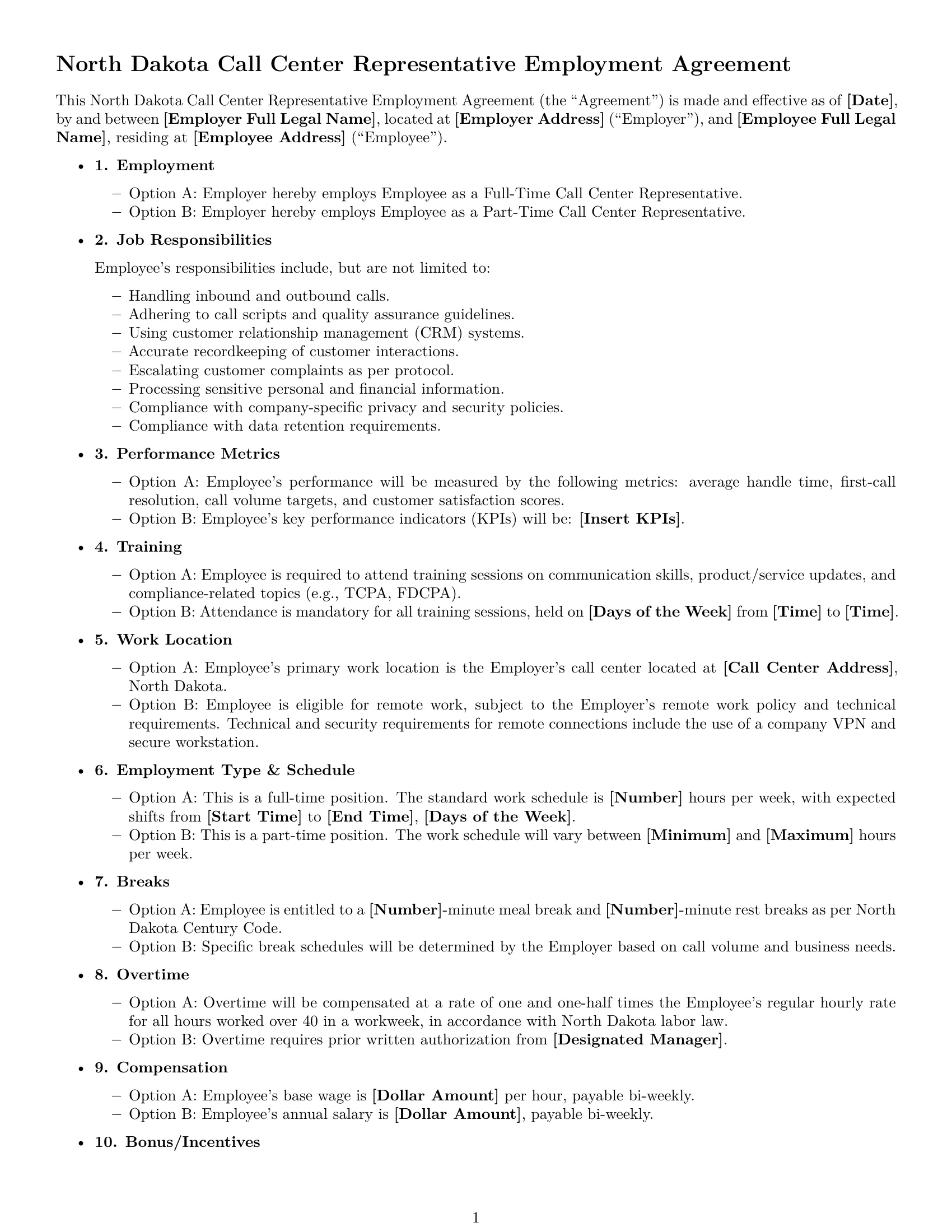 Preview page 1 of Free North Dakota call center representative employment contract template