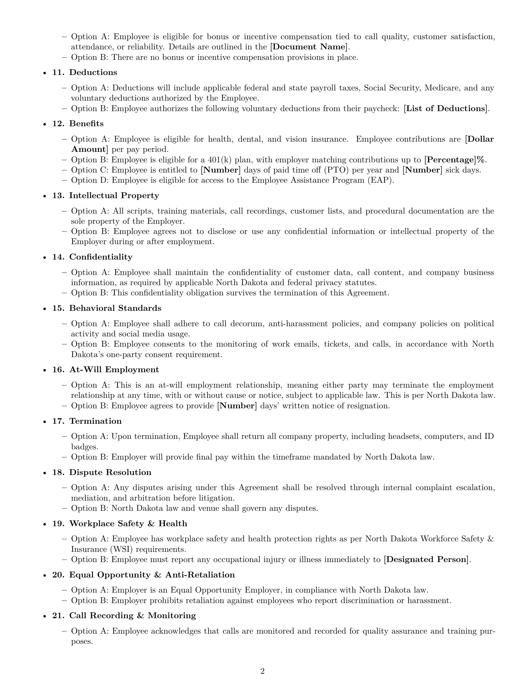 Preview page 2 of Free North Dakota call center representative employment contract template