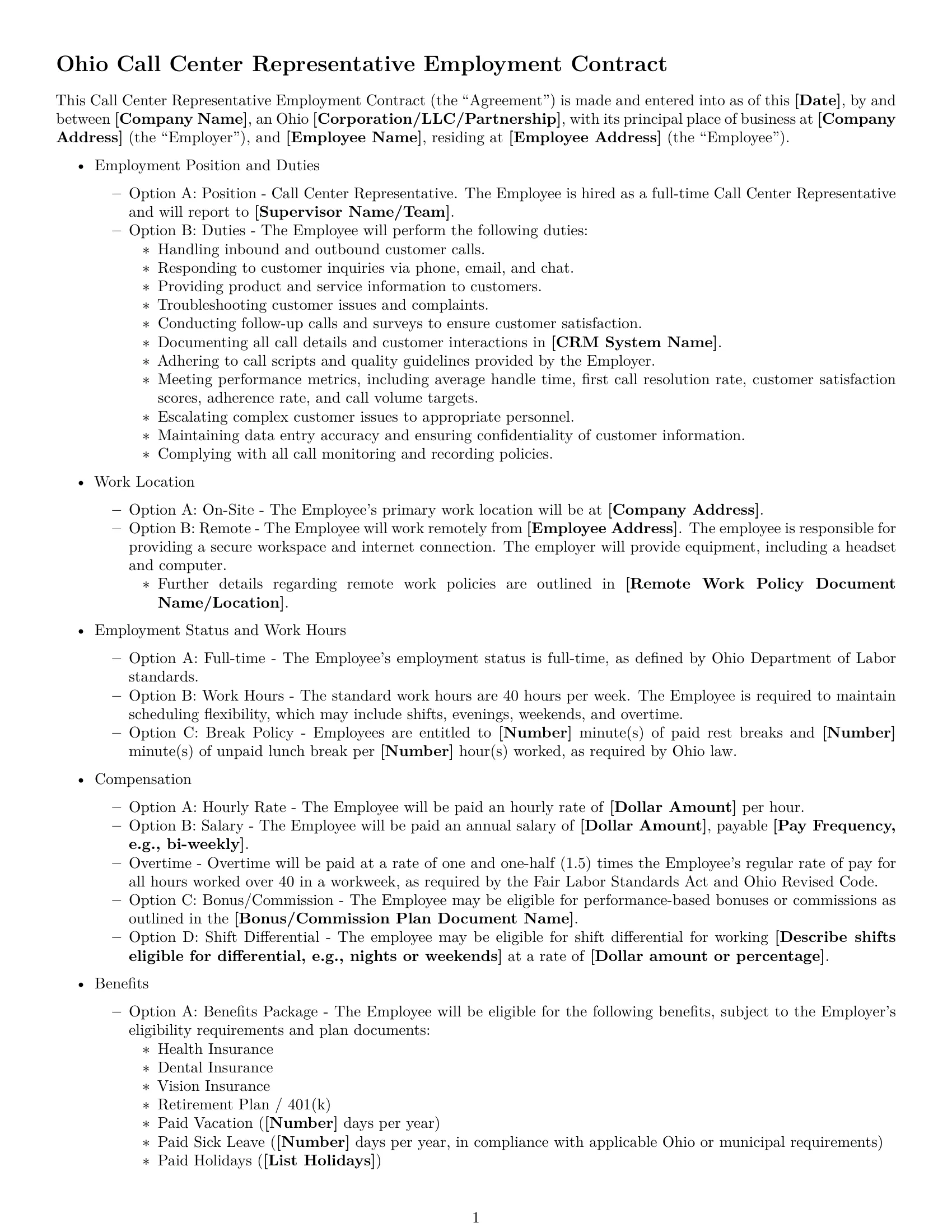 Preview page 1 of Free Ohio call center representative employment contract template