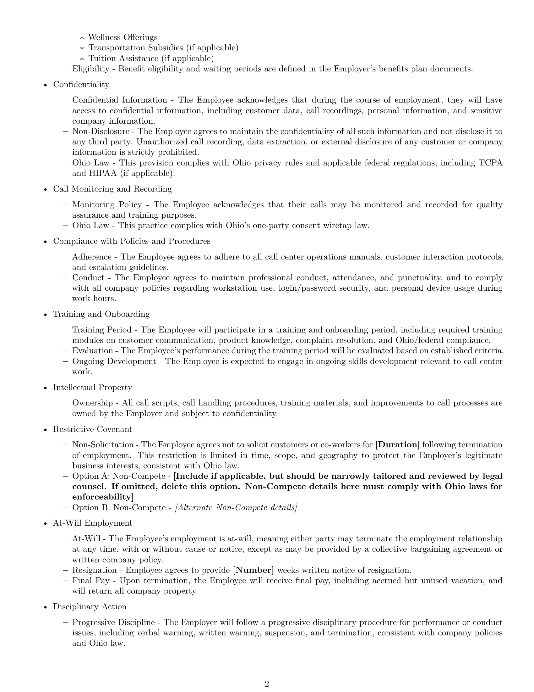 Preview page 2 of Free Ohio call center representative employment contract template