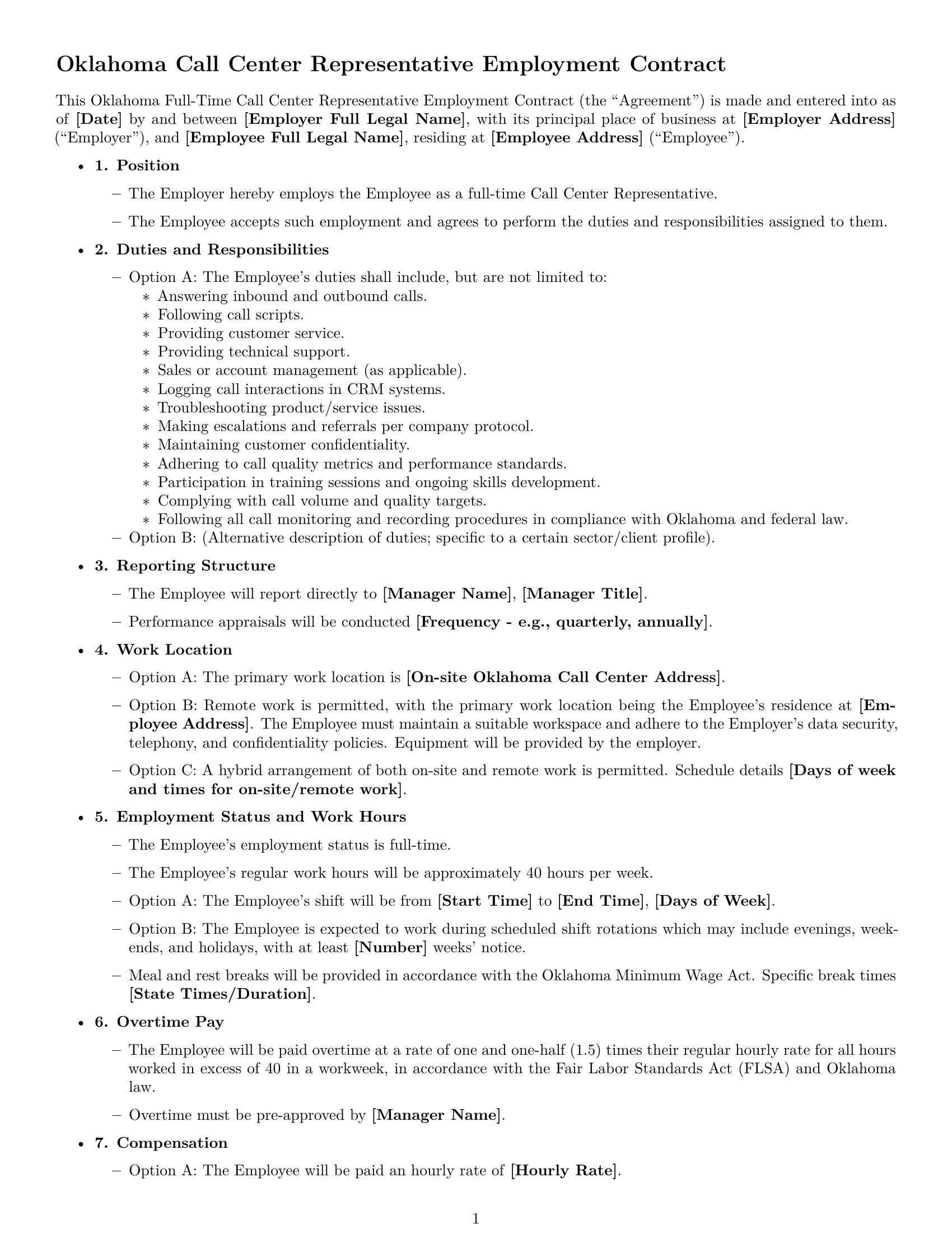 Preview page 1 of Free Oklahoma call center representative employment contract template