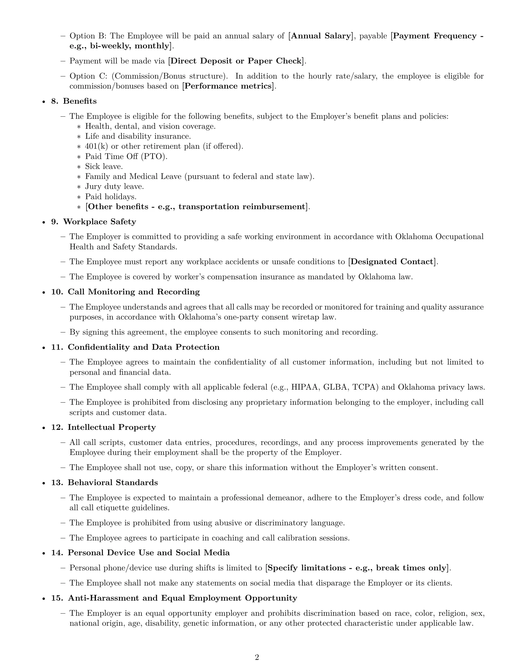 Preview page 2 of Free Oklahoma call center representative employment contract template