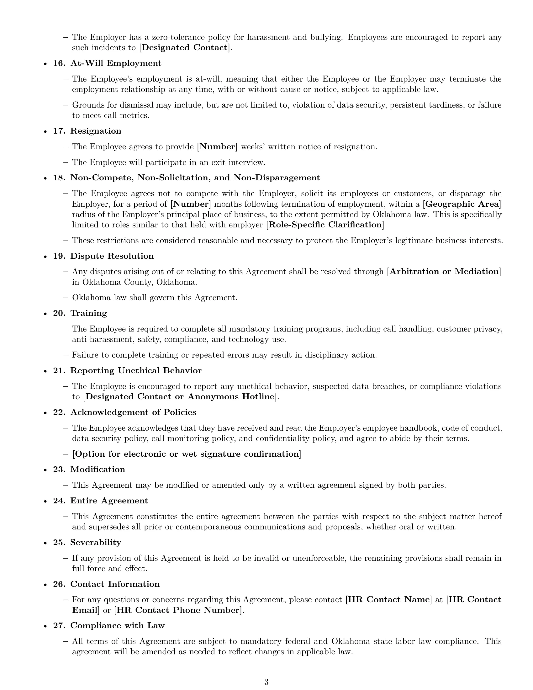Preview page 3 of Free Oklahoma call center representative employment contract template