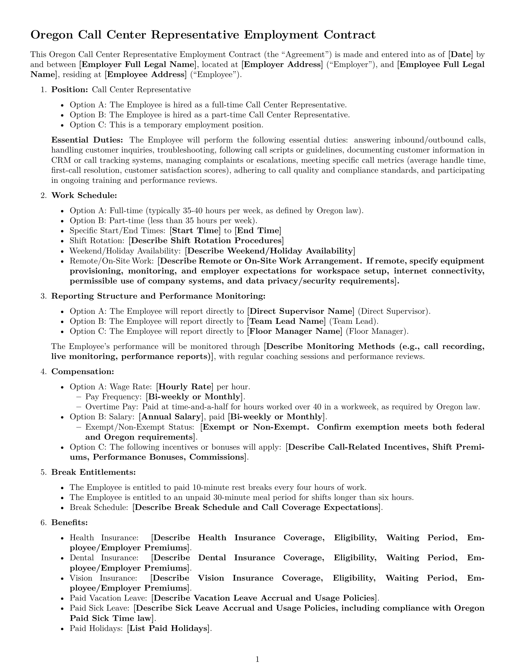 Preview page 1 of Free Oregon call center representative employment contract template