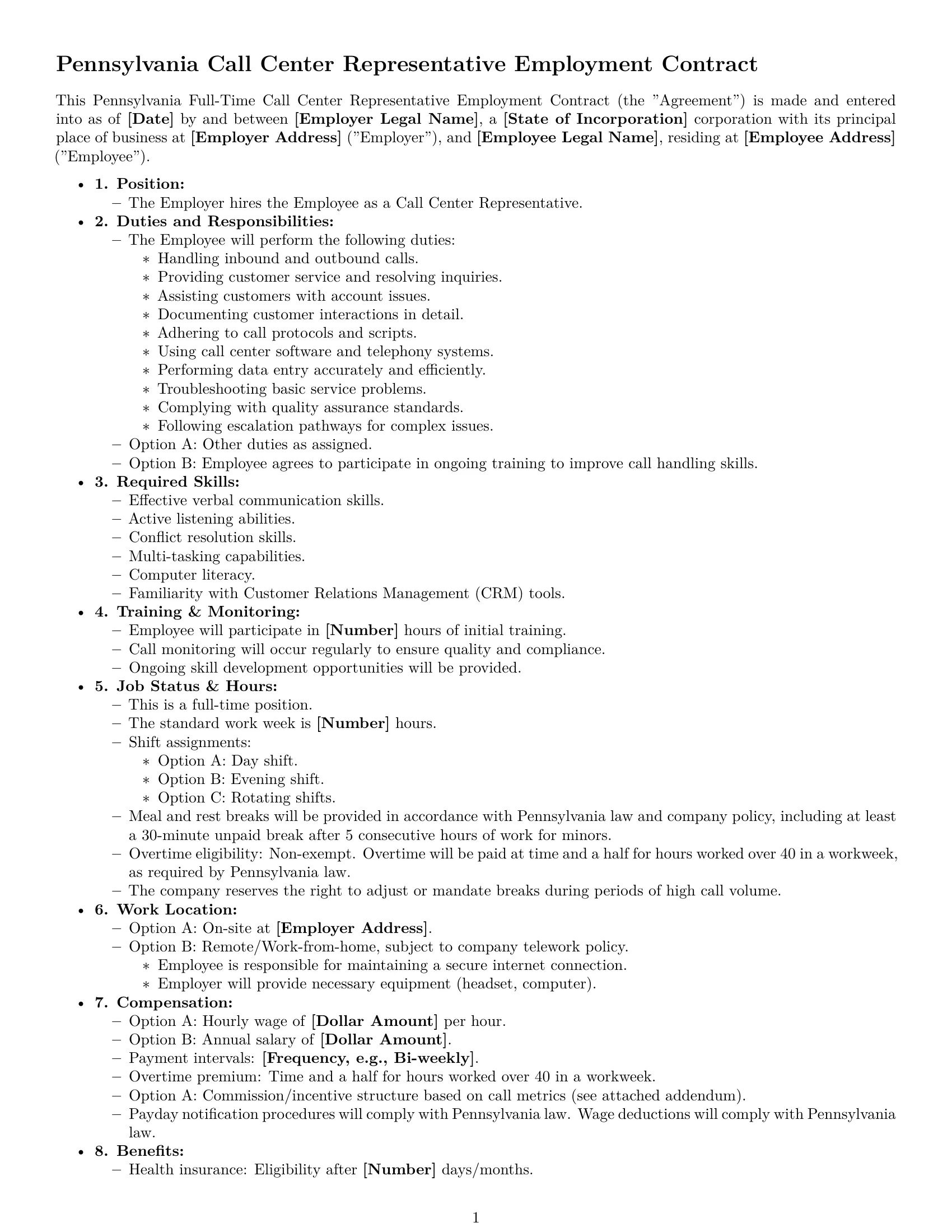 Preview page 1 of Free Pennsylvania call center representative employment contract template