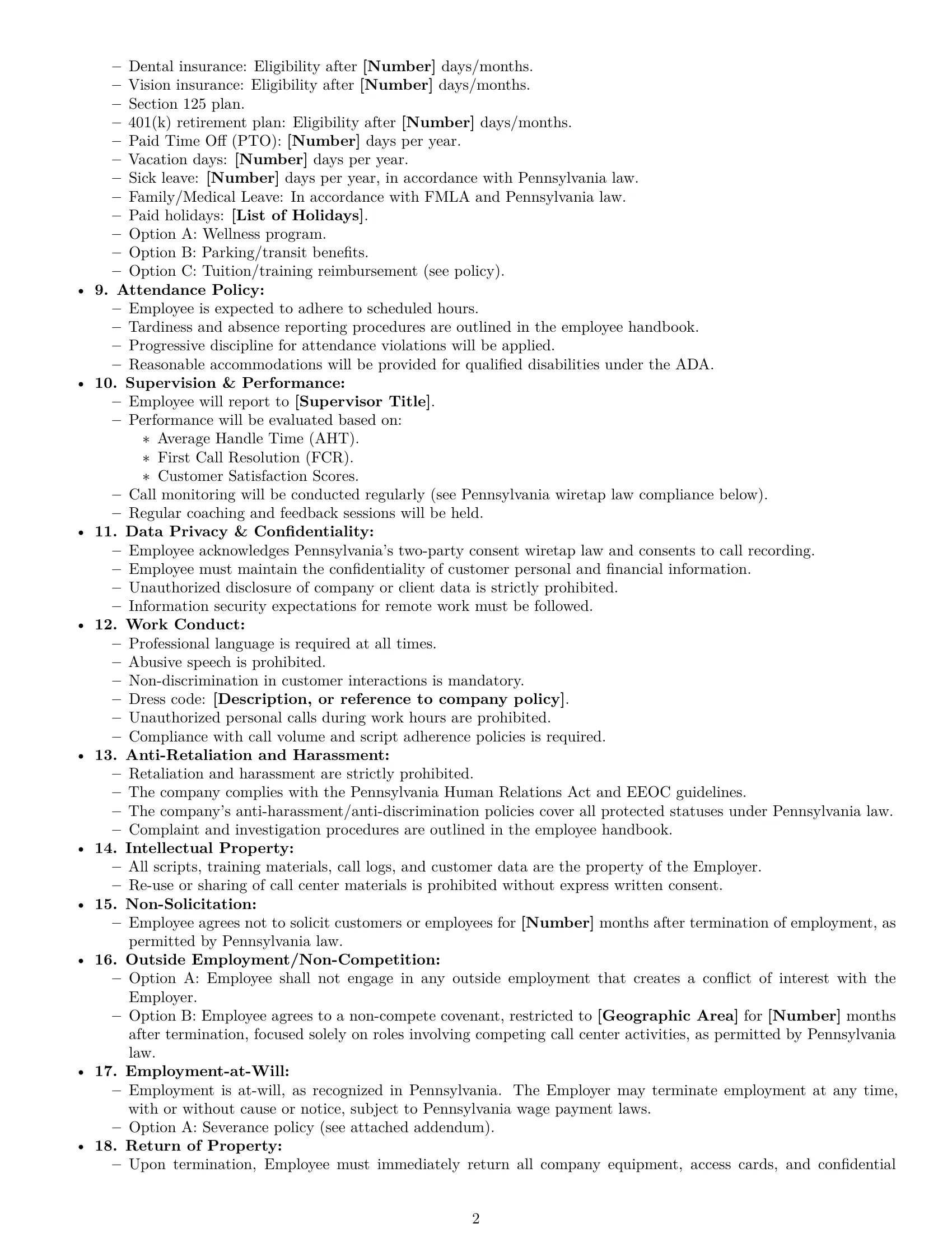 Preview page 2 of Free Pennsylvania call center representative employment contract template