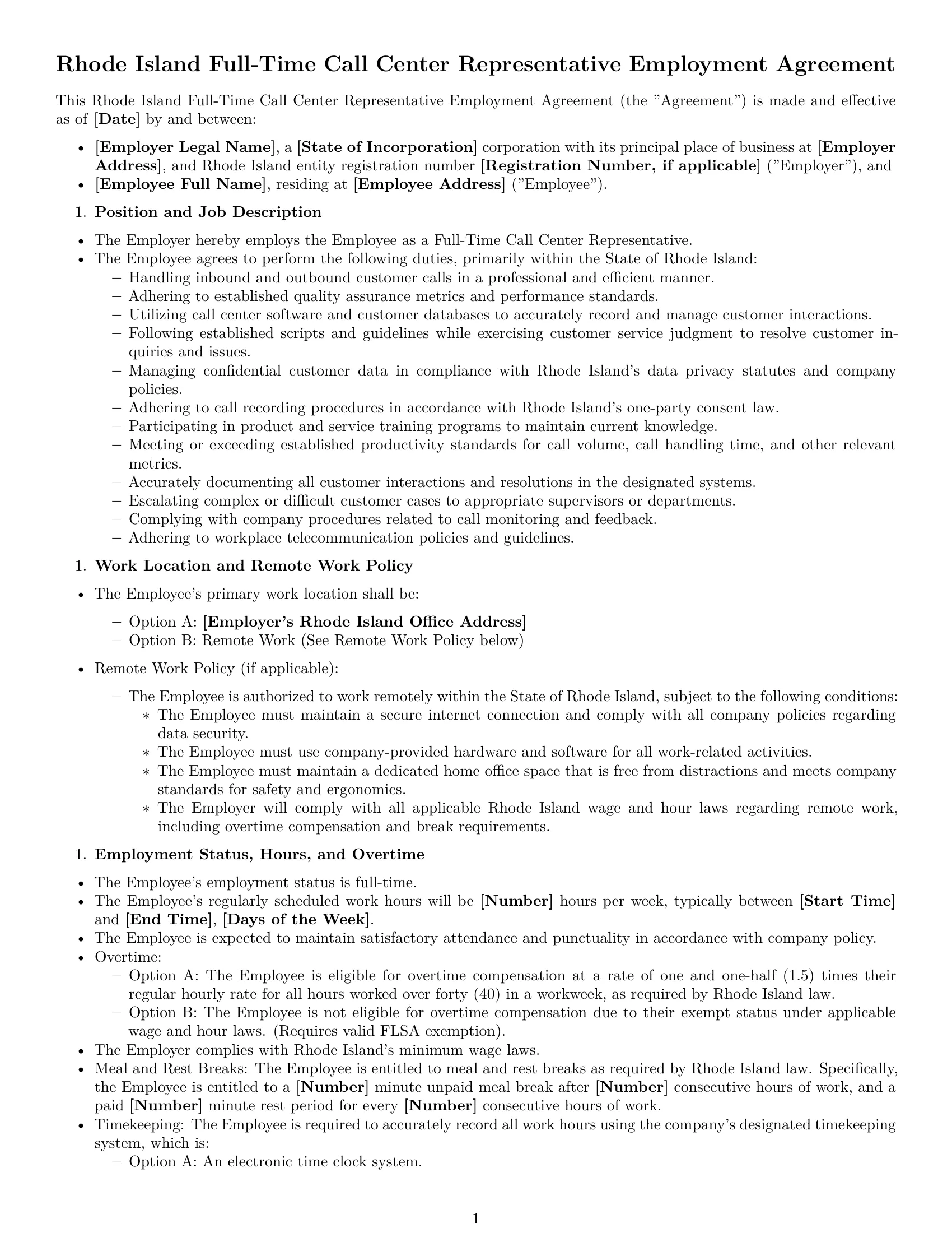 Preview page 1 of Free Rhode Island call center representative employment contract template