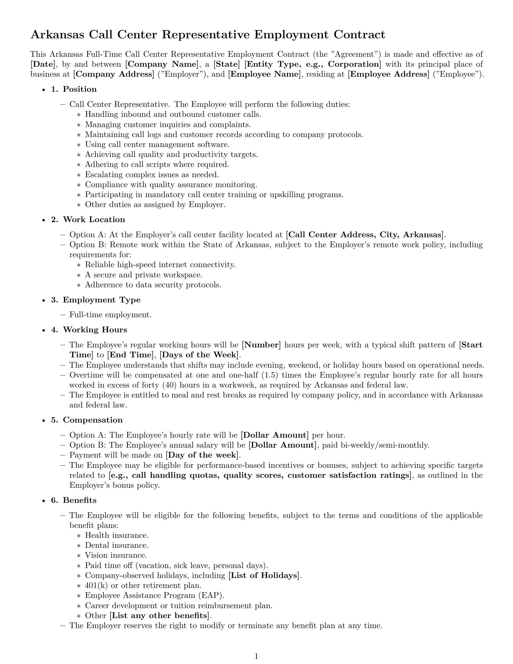 Preview page 1 of Free Arkansas call center representative employment contract template