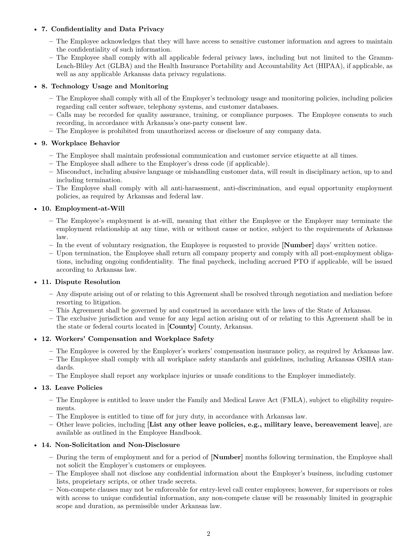 Preview page 2 of Free Arkansas call center representative employment contract template