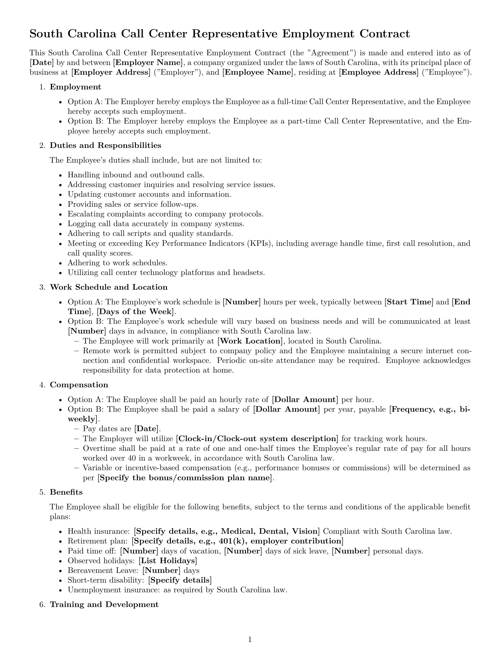 Preview page 1 of Free South Carolina call center representative employment contract template