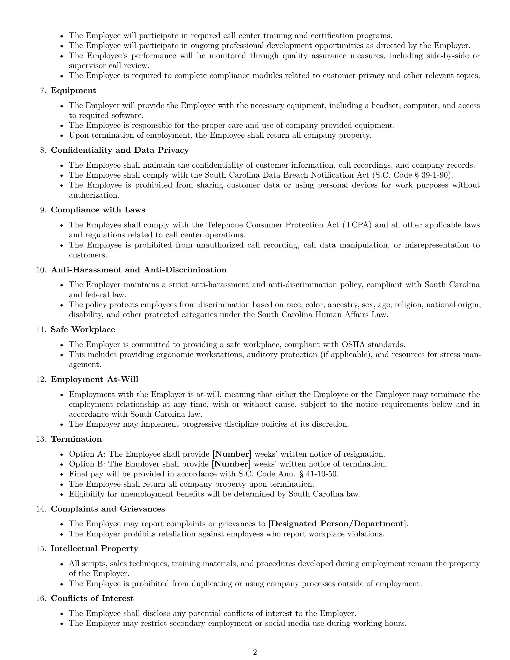 Preview page 2 of Free South Carolina call center representative employment contract template